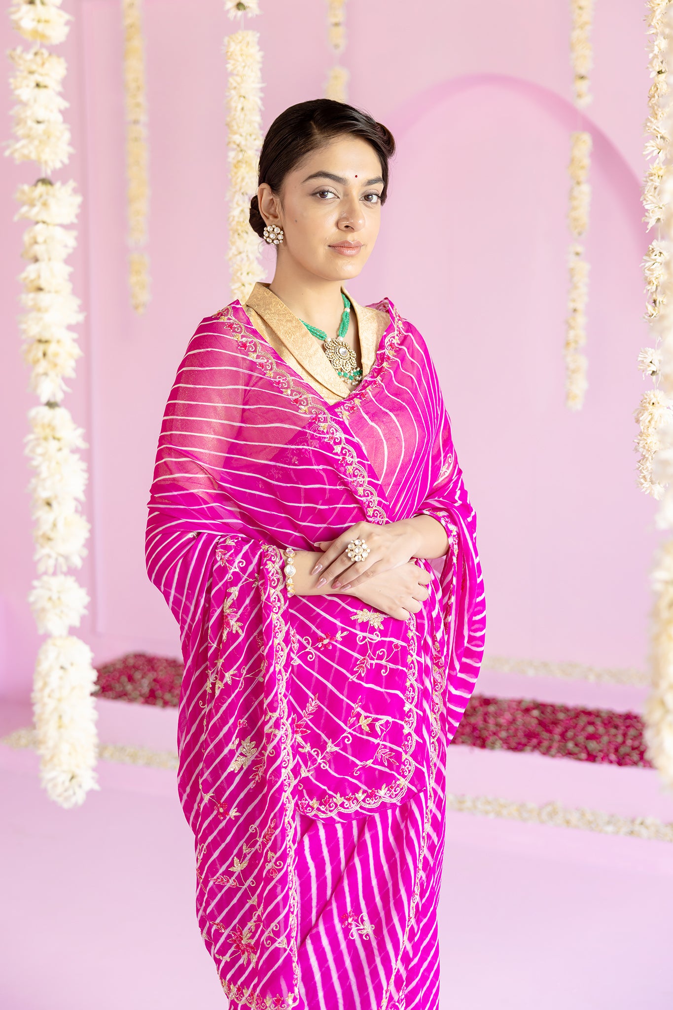 Pure Georgette 40 Gsm Leheriya Rani Aari sequins Kardana Work Saree