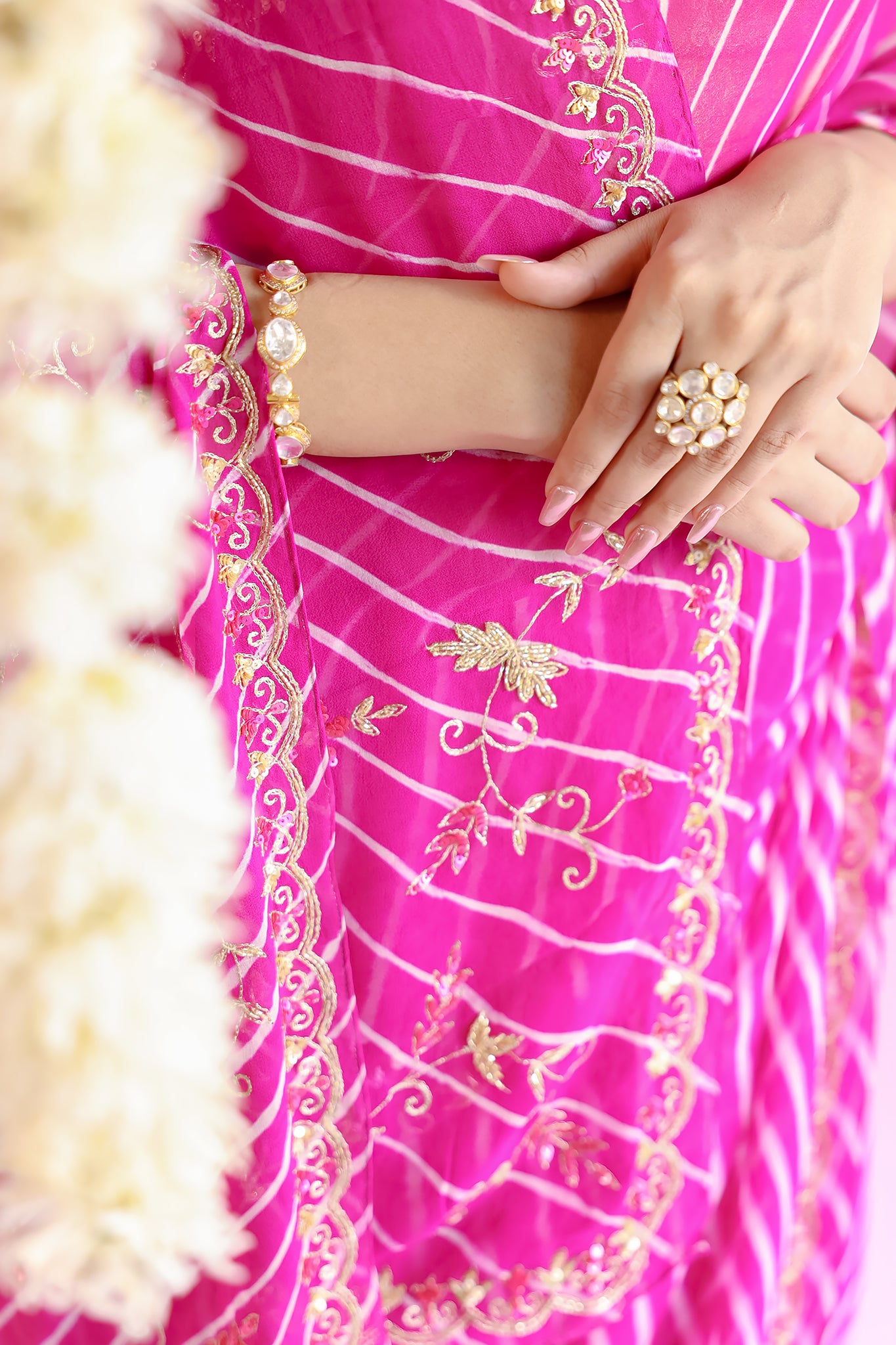 Pure Georgette 20 Gsm Rani Peach Leheriya Aari Sequins Border Butti Saree