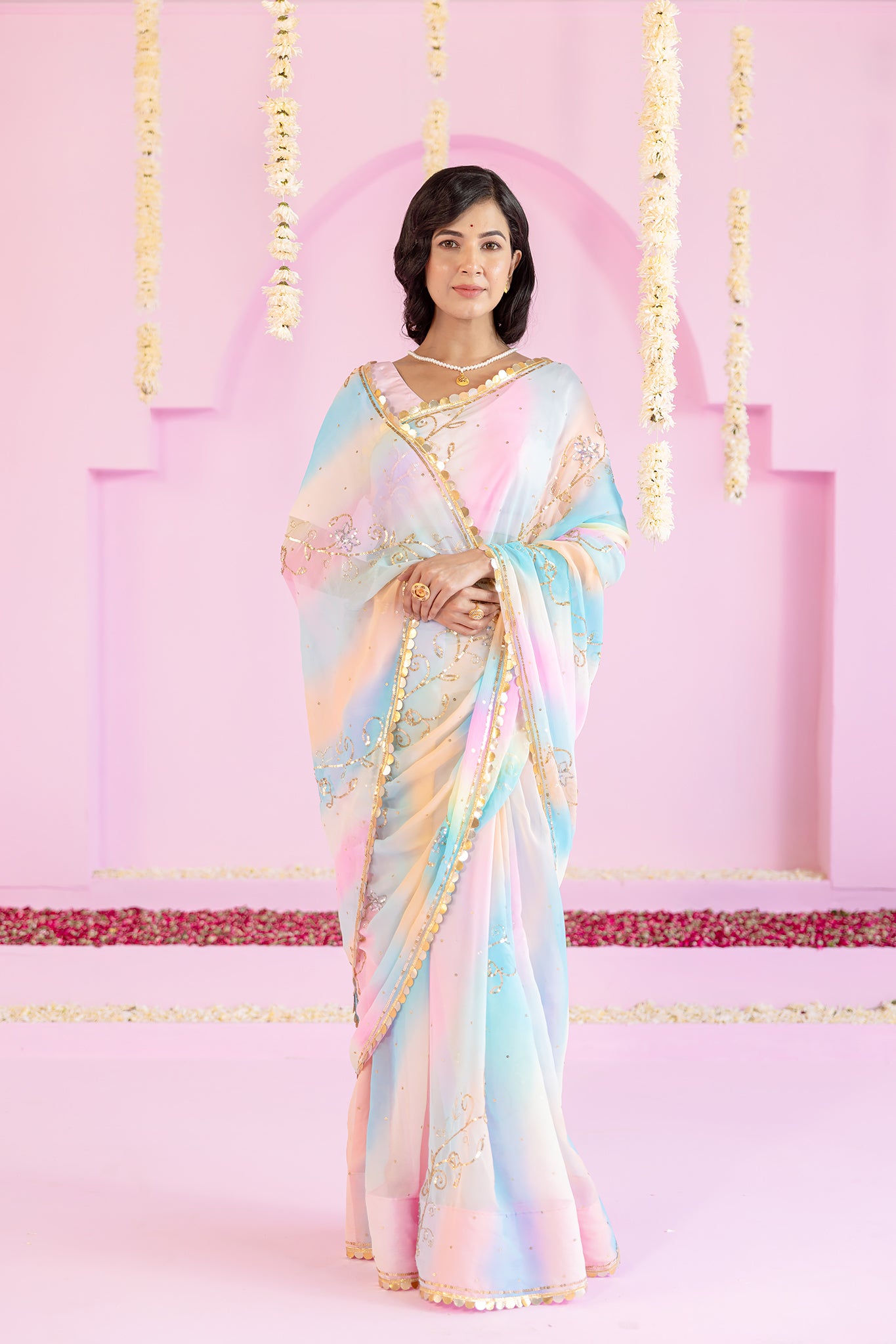 Pure Chiffon Samundar Leheriya Aari Sequins Chaadi Work Saree
