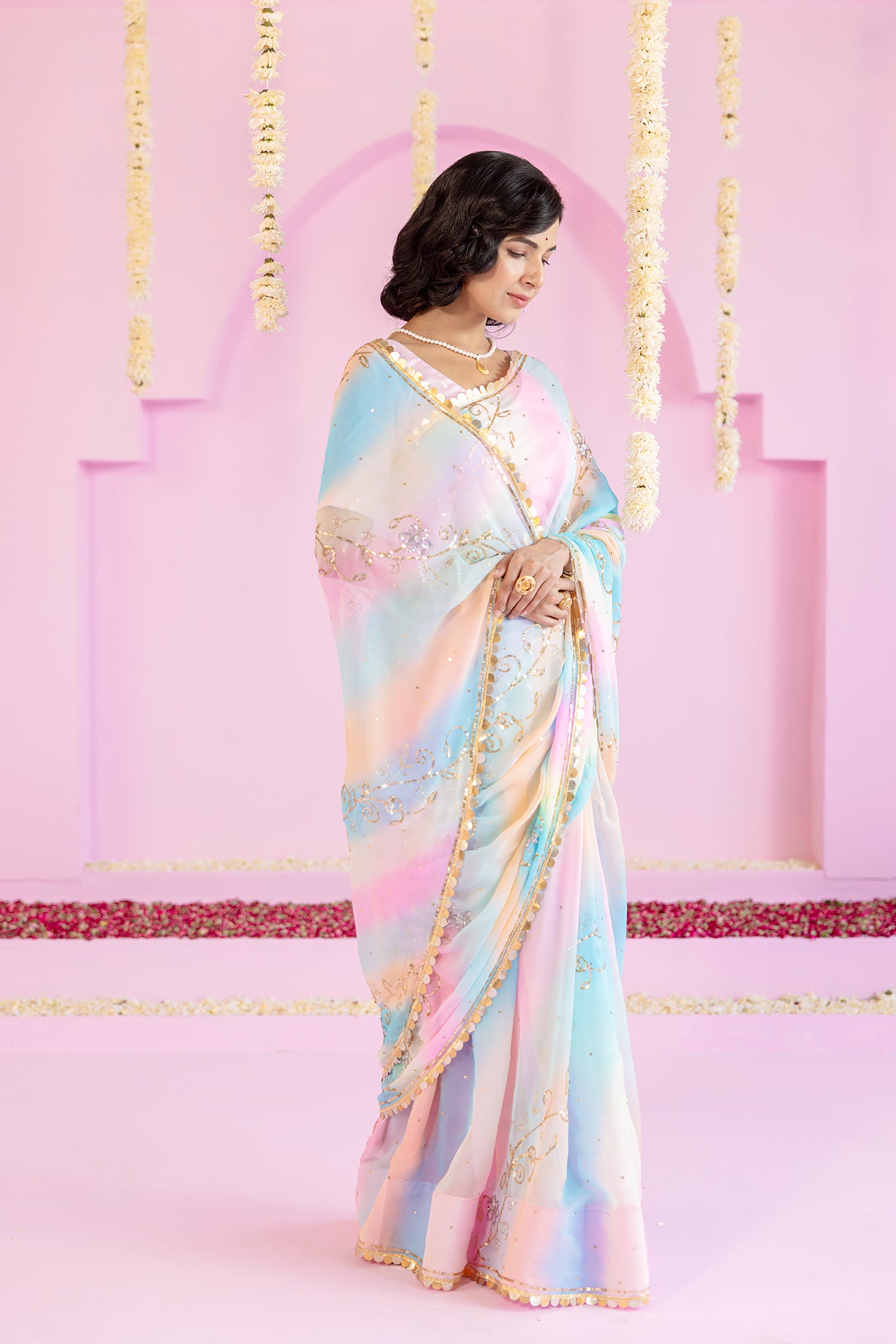 Pure Chiffon Samundar Leheriya Aari Sequins Chaadi Work Saree
