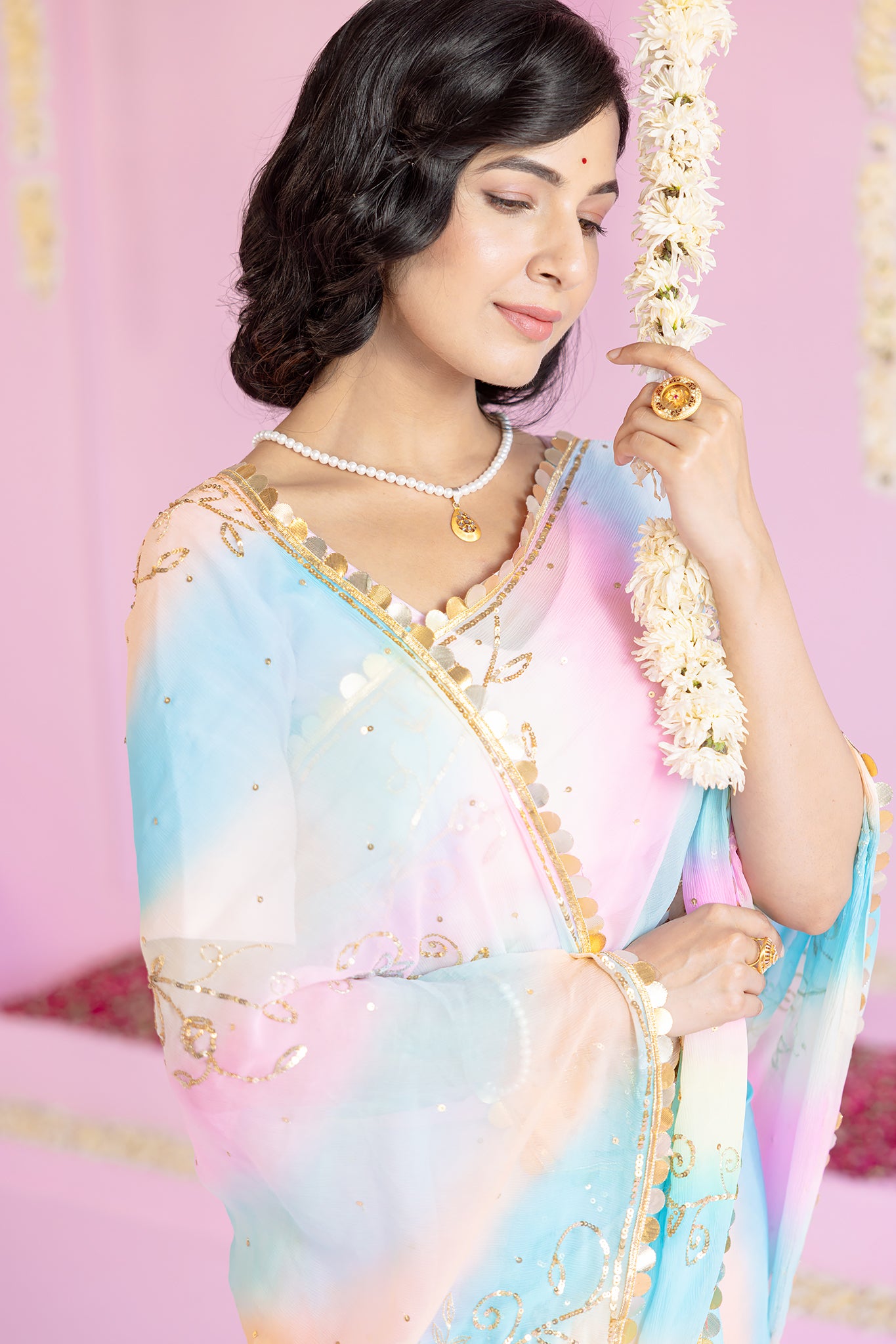 Pure Chiffon Samundar Leheriya Aari Sequins Chaadi Work Saree