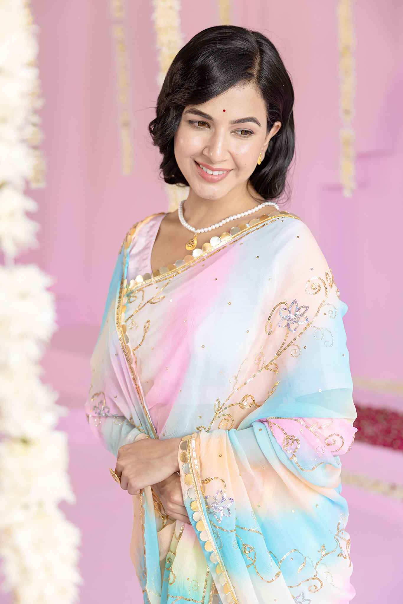 Pure Chiffon Samundar Leheriya Aari Sequins Chaadi Work Saree