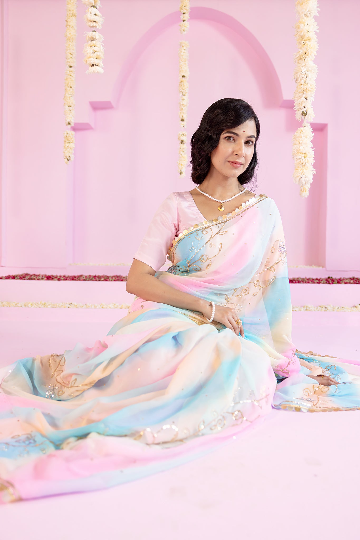 Pure Chiffon Samundar Leheriya Aari Sequins Chaadi Work Saree