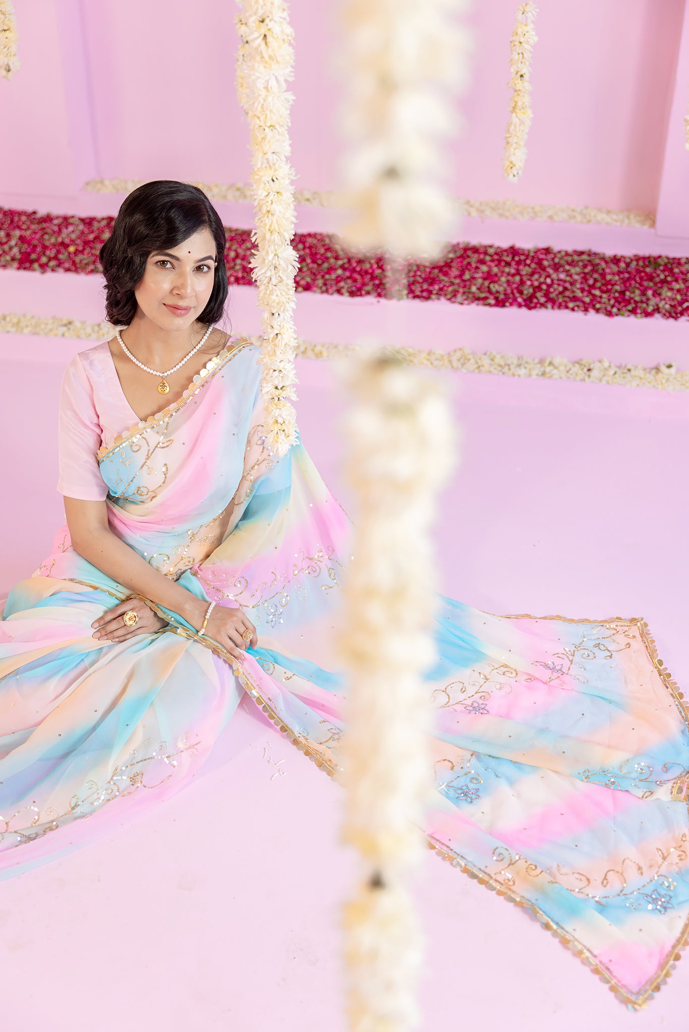 Pure Chiffon Samundar Leheriya Aari Sequins Chaadi Work Saree