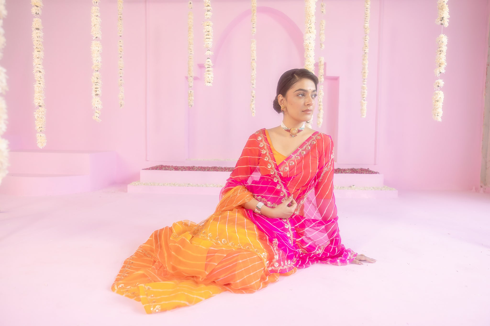 Pure Georgette 20 Gsm Multi Colour Leheriya Aari Sequins Kardana Border Chaadi Work Saree