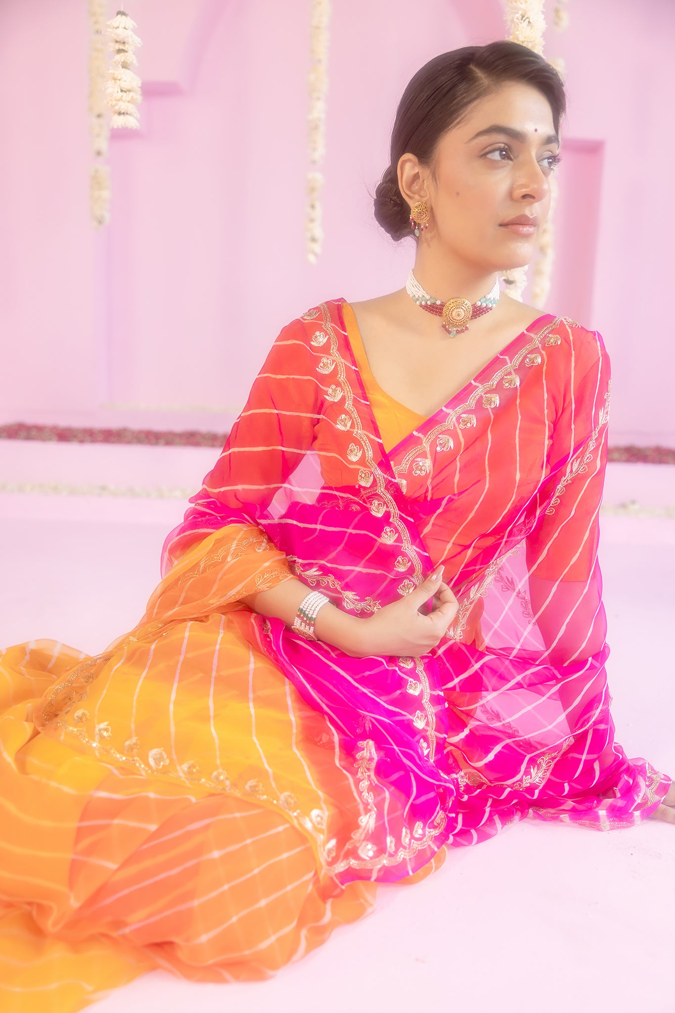 Pure Georgette 20 Gsm Multi Colour Leheriya Aari Sequins Kardana Border Chaadi Work Saree