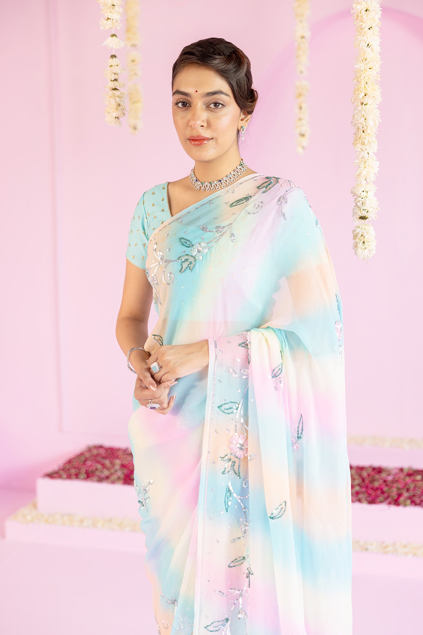 Pure Chiffon Samundar Leheriya Colour Sequins Work Saree