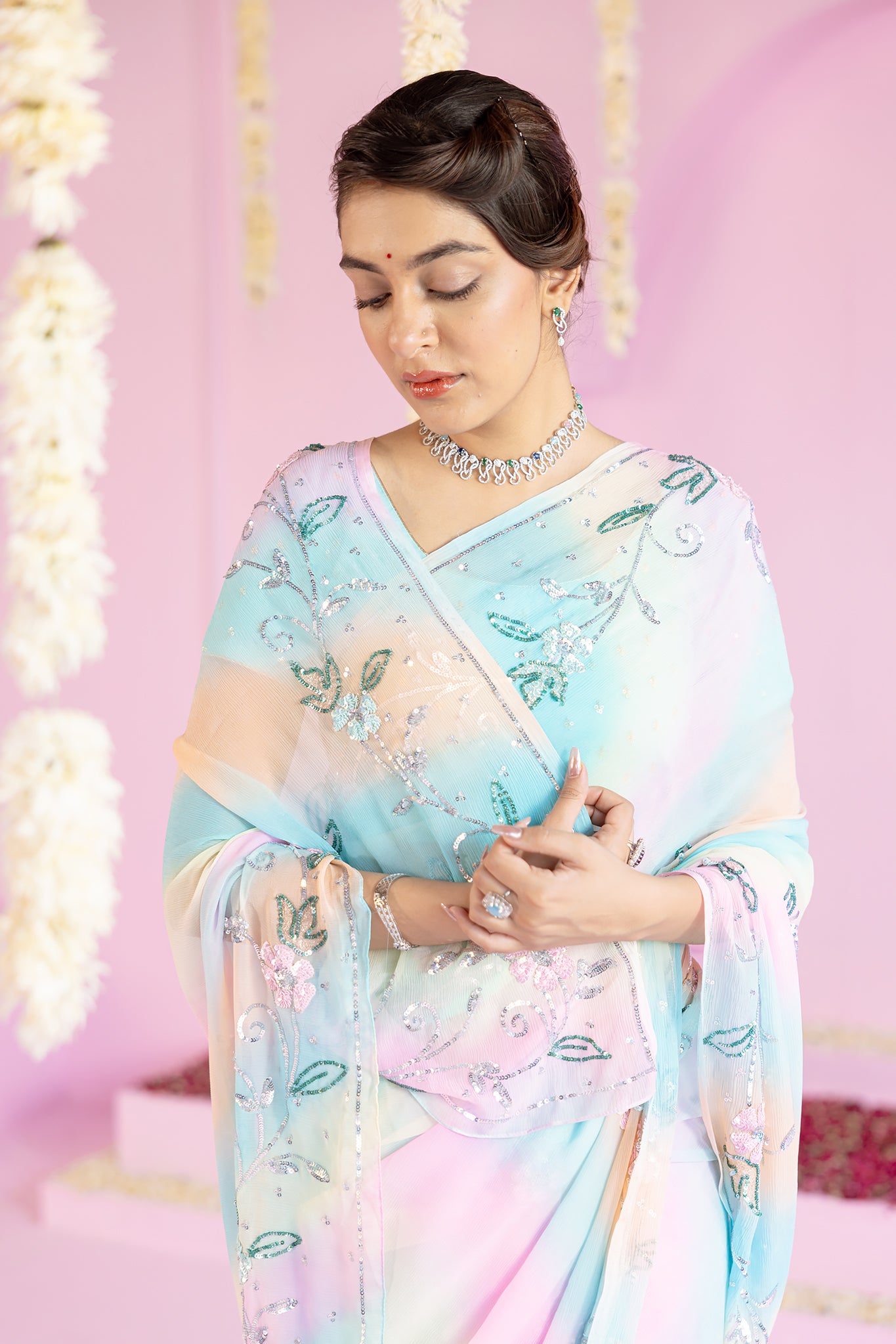 Pure Chiffon Samundar Leheriya Colour Sequins Work Saree