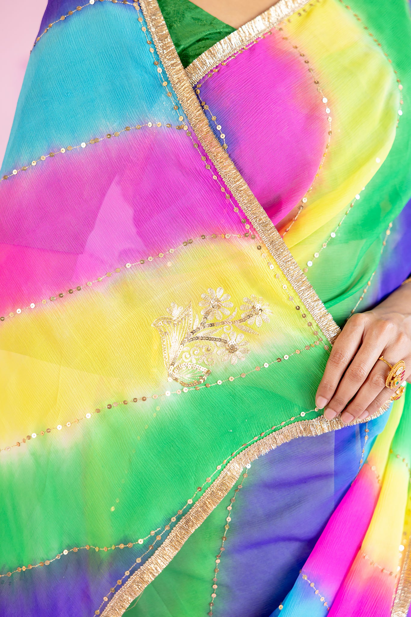 Pure Chiffon Multi colour Leheriya Aari Sequins Work Saree