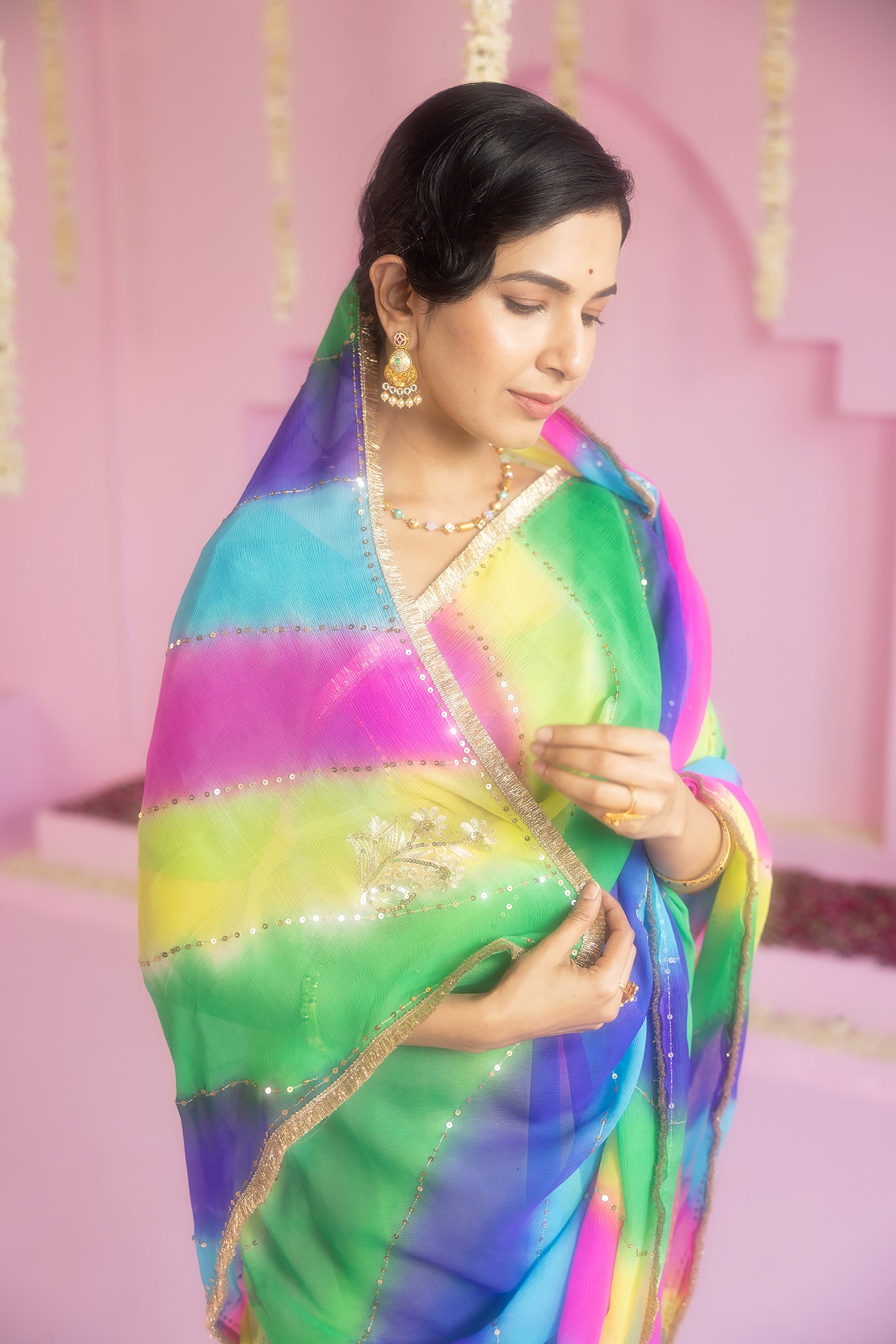 Pure Chiffon Multi colour Leheriya Aari Sequins Work Saree