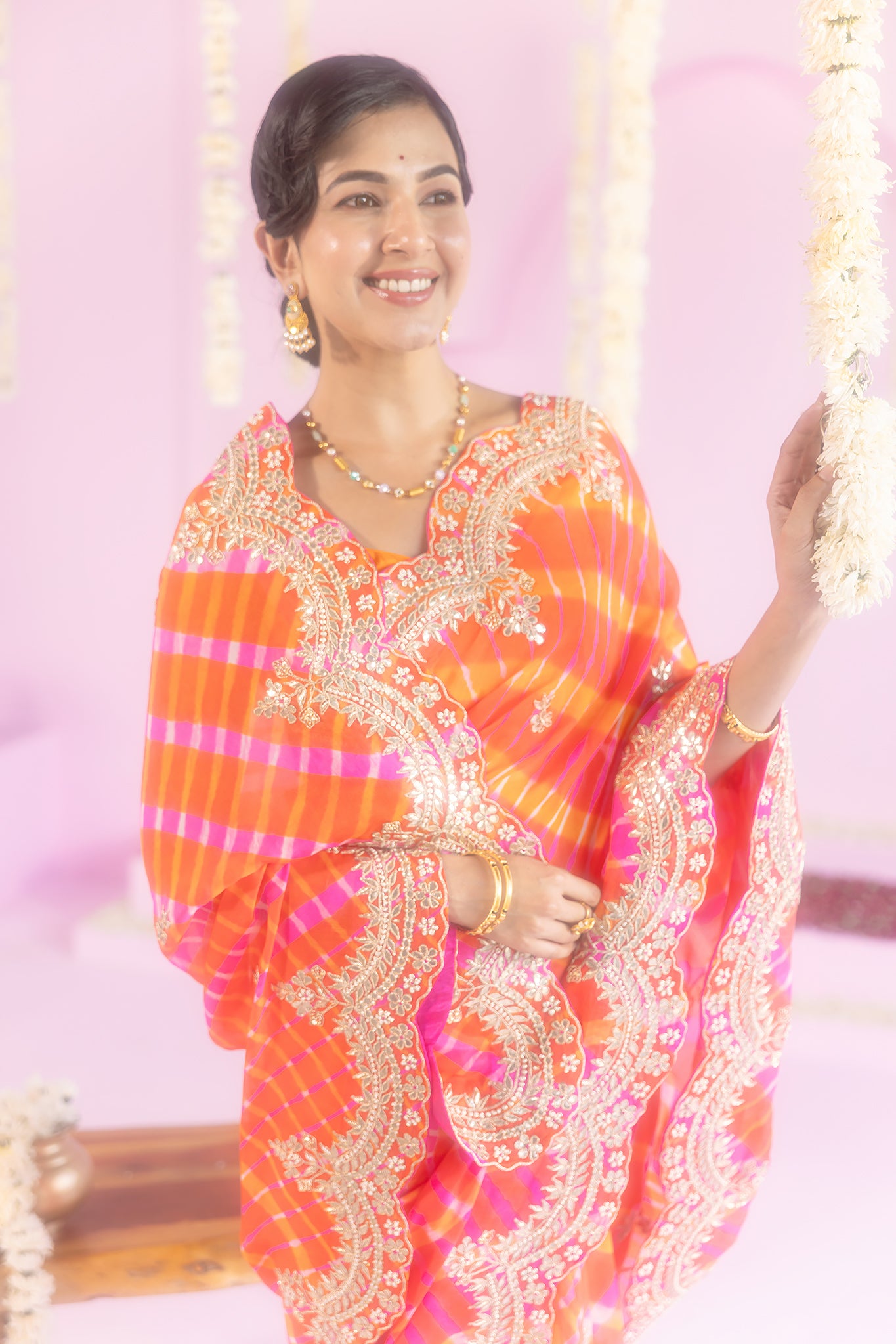 Pure Chinnon Yellow Orange Leheriya Gota Patti Border Butti Work Saree