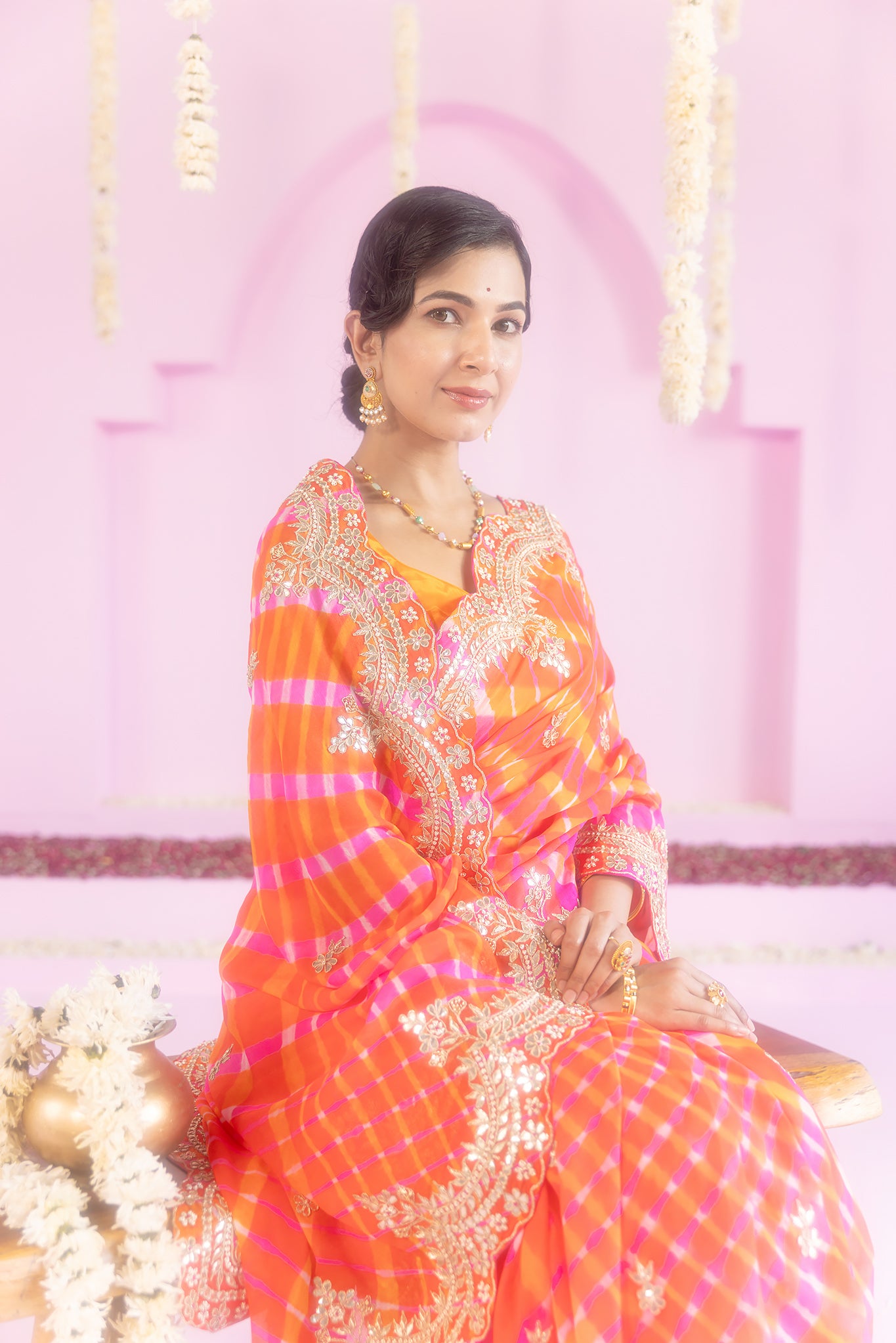 Pure Chinnon Yellow Orange Leheriya Gota Patti Border Butti Work Saree