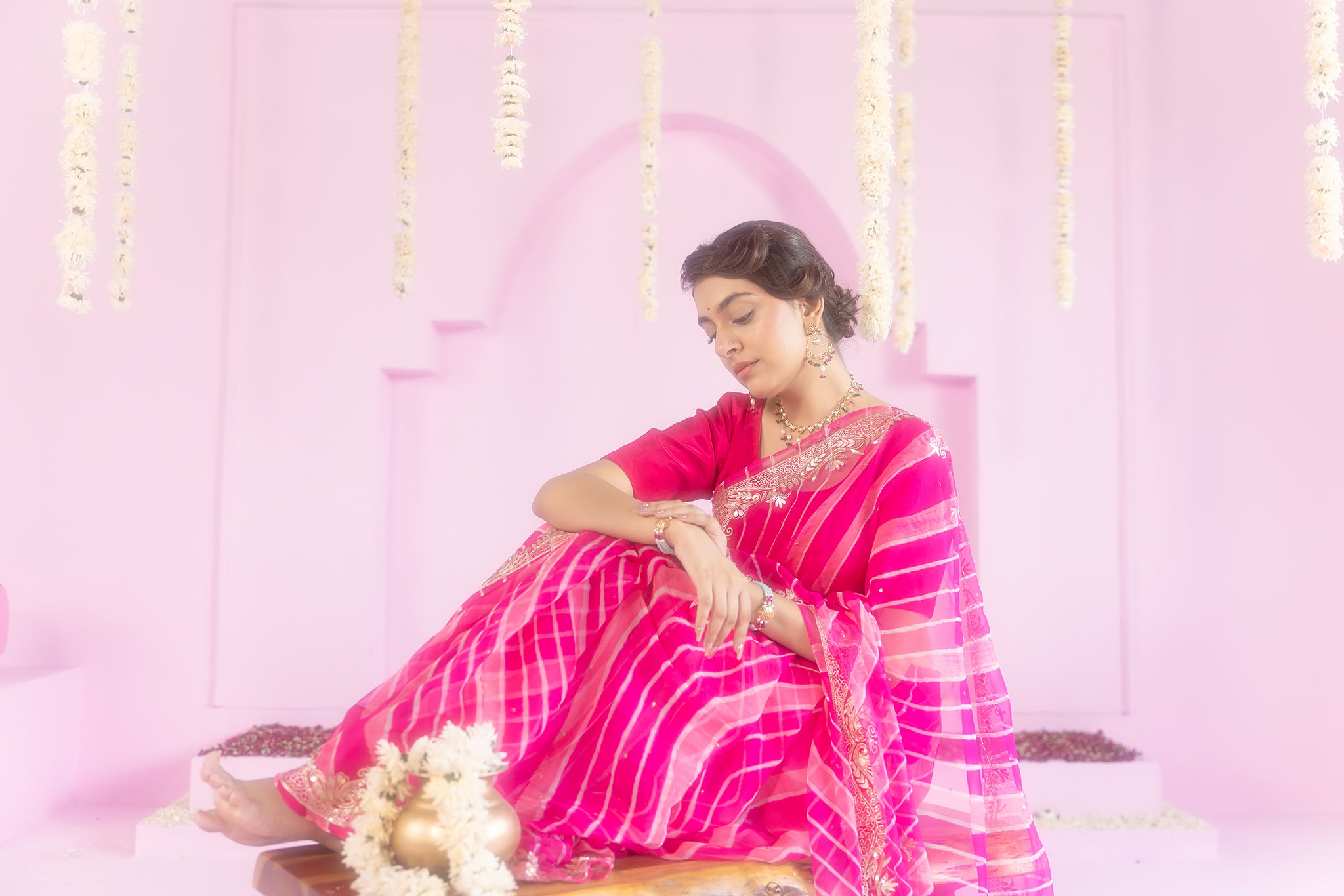 Pure Georgette 20 Gsm Rani Peach Leheriya Aari Sequins Border Butti Saree