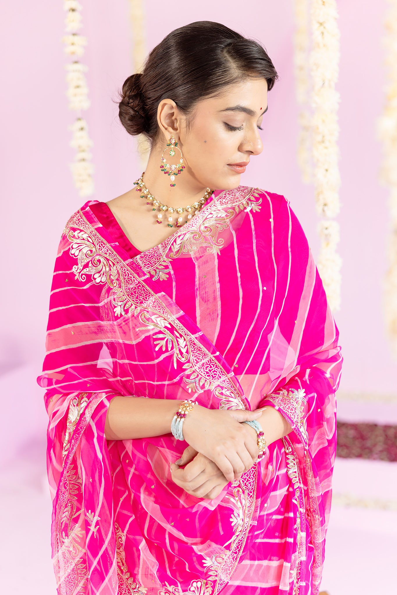 Pure Georgette 20 Gsm Rani Peach Leheriya Aari Sequins Border Butti Saree