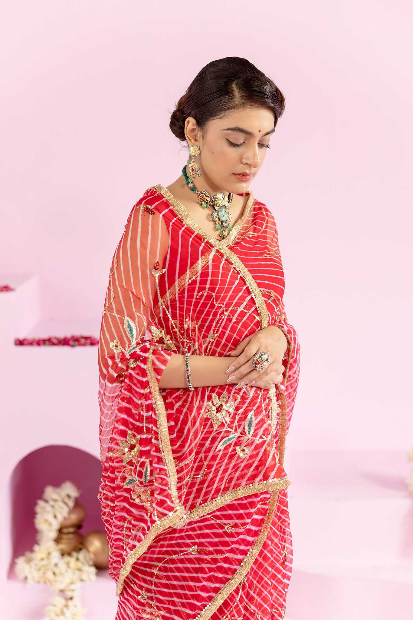 Pure Georgette 20 Gsm Red Leheriya Aari Sequins Jaal Work Saree