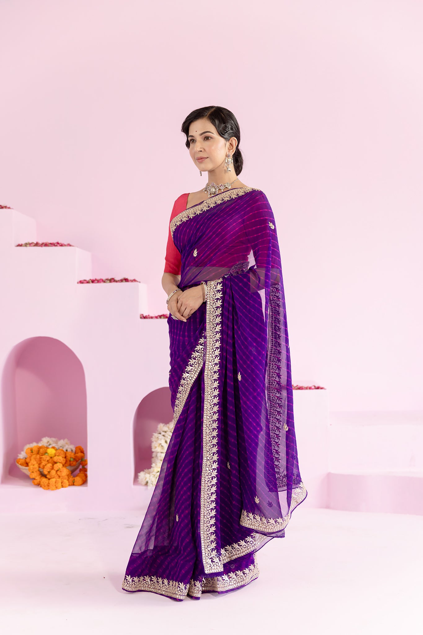 Pure Georgette 40 Gsm Blue Leheriya Mothda Gota Patti Work Saree