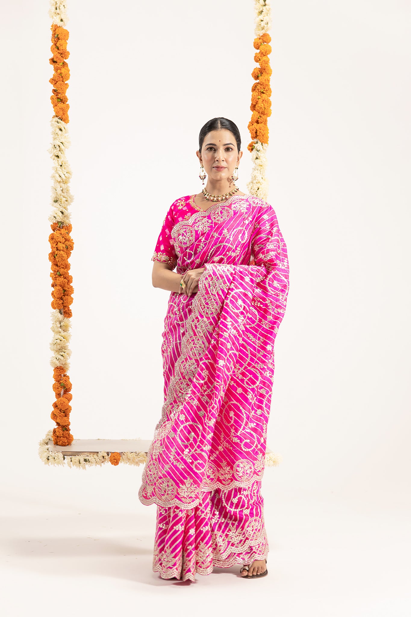 Pure Tussure Silk Rani Leheriya Gota Patti cutwork Border Jaal Work Saree