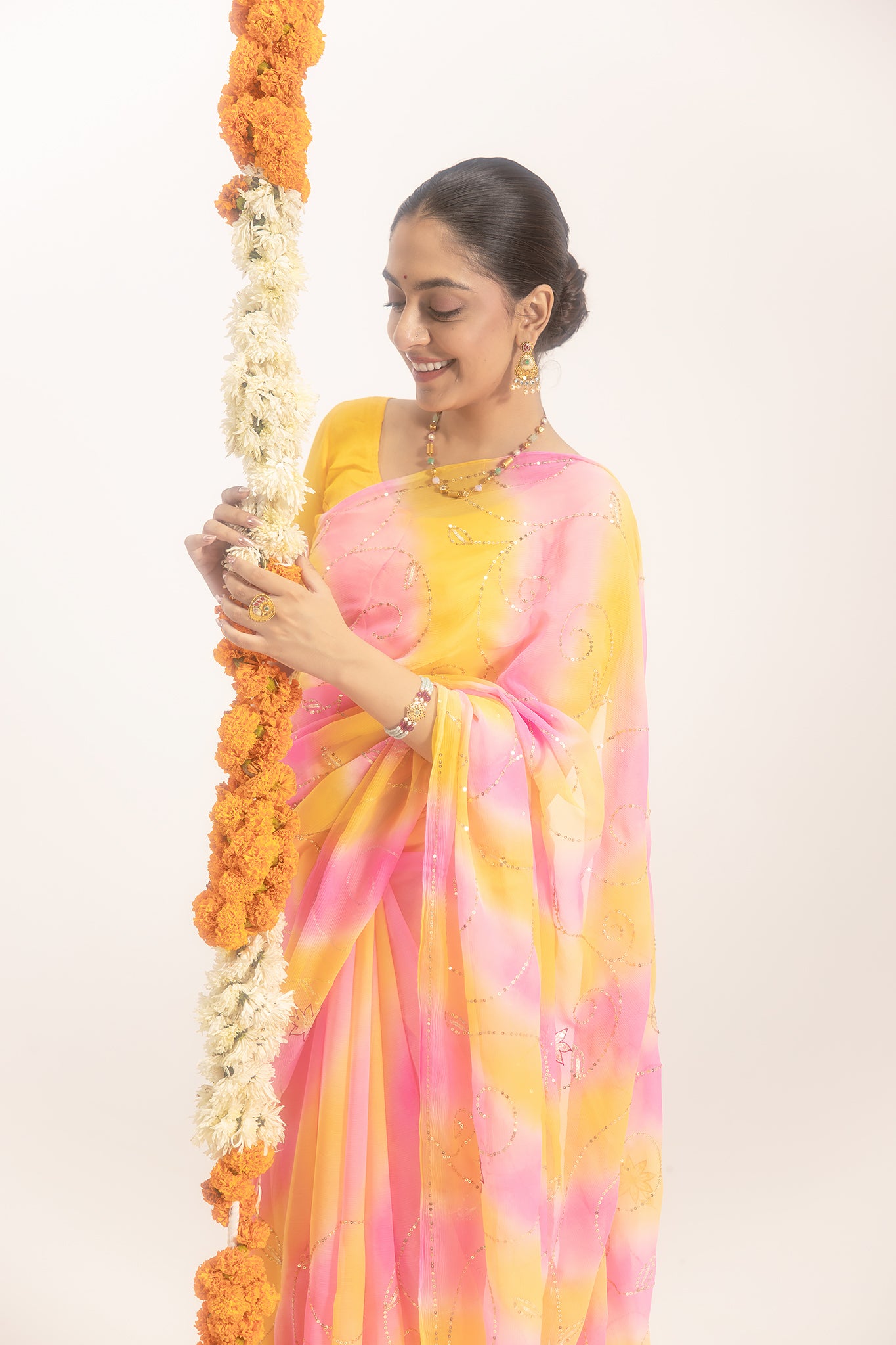 Pure Chiffon Yellow Pink Leheriya Aari Sequins Jaal Work Saree