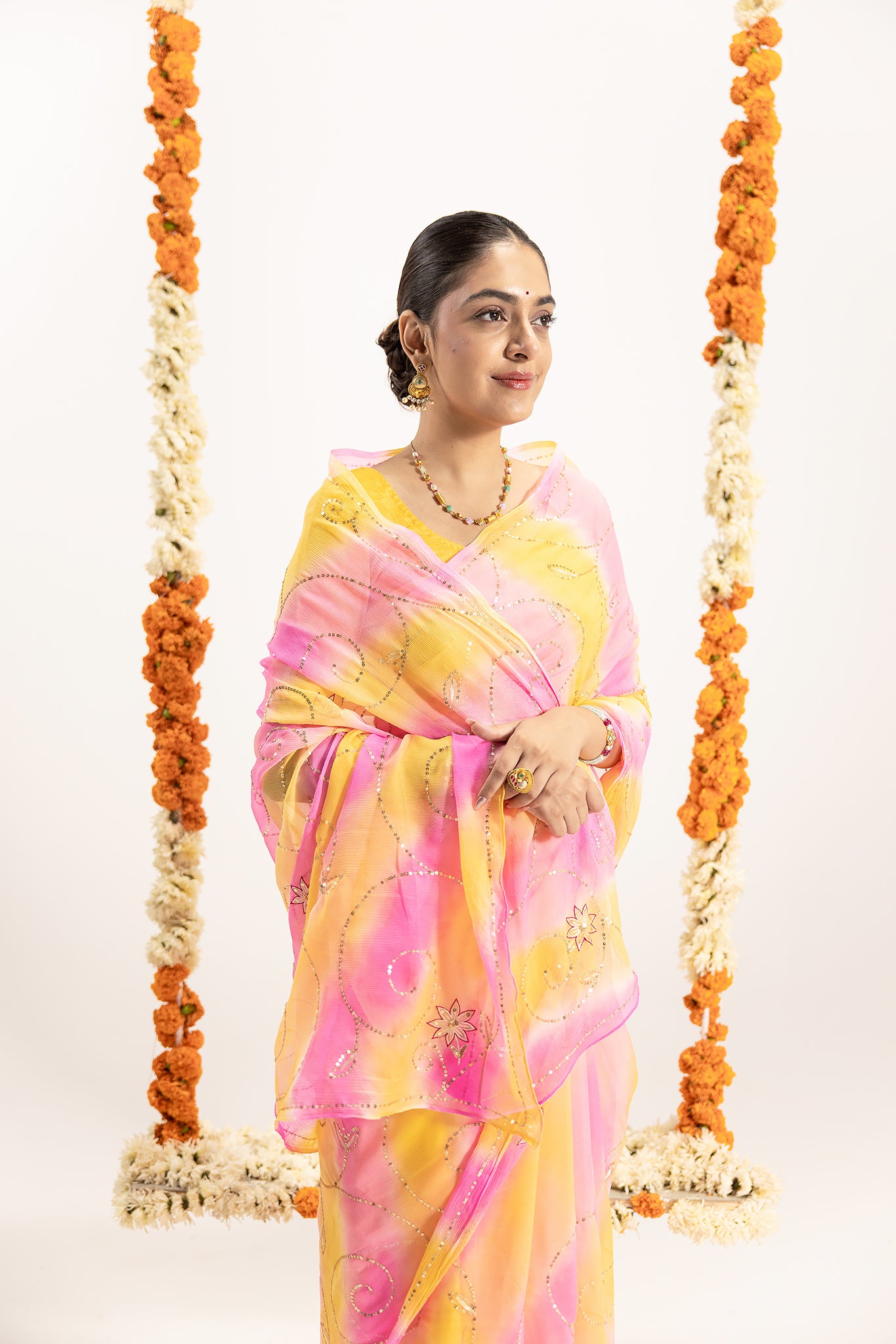 Pure Chiffon Yellow Pink Leheriya Aari Sequins Jaal Work Saree