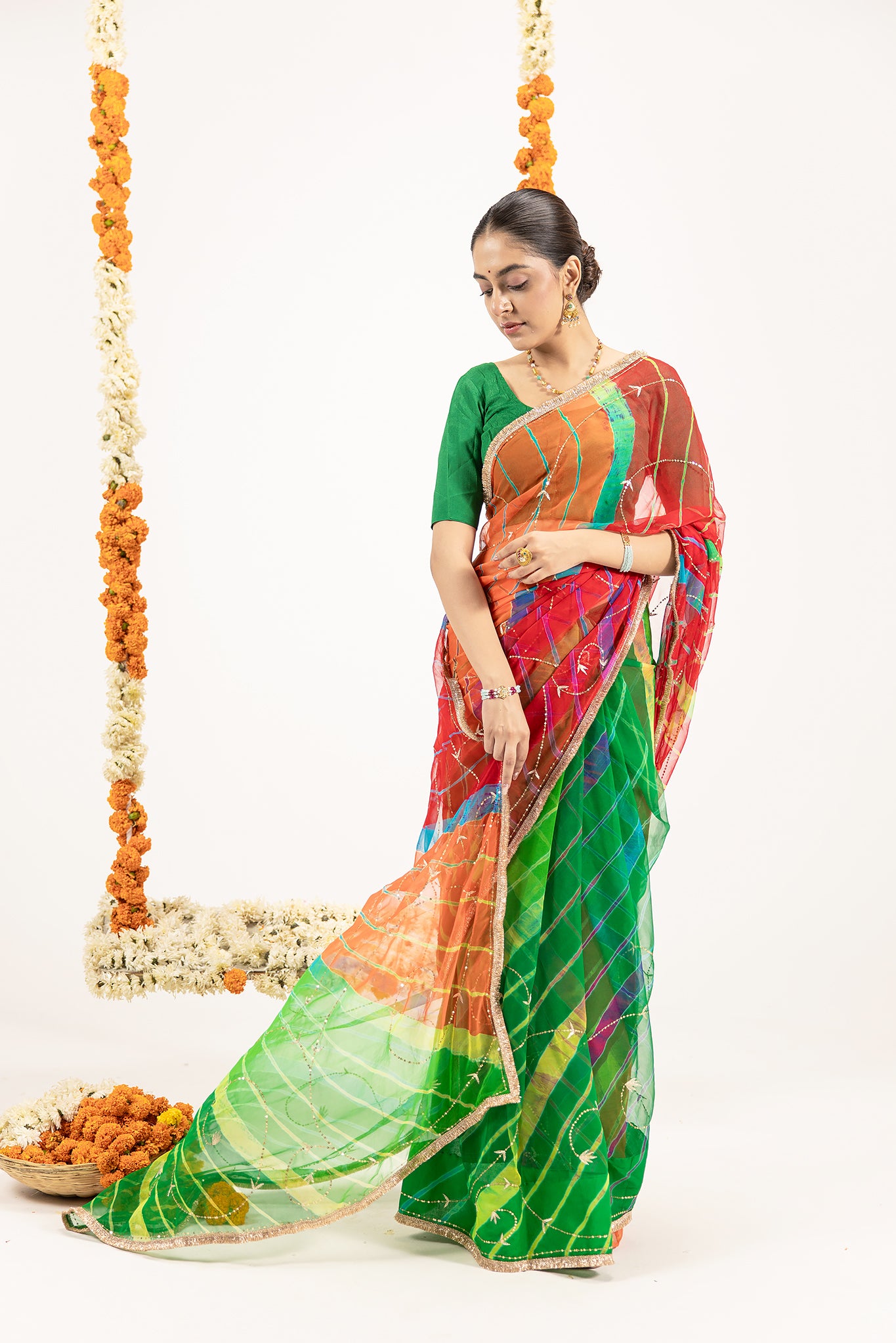 Pure Georgette 20 Gsm Multi Leheriya Aari Sequins Jaal Work Saree