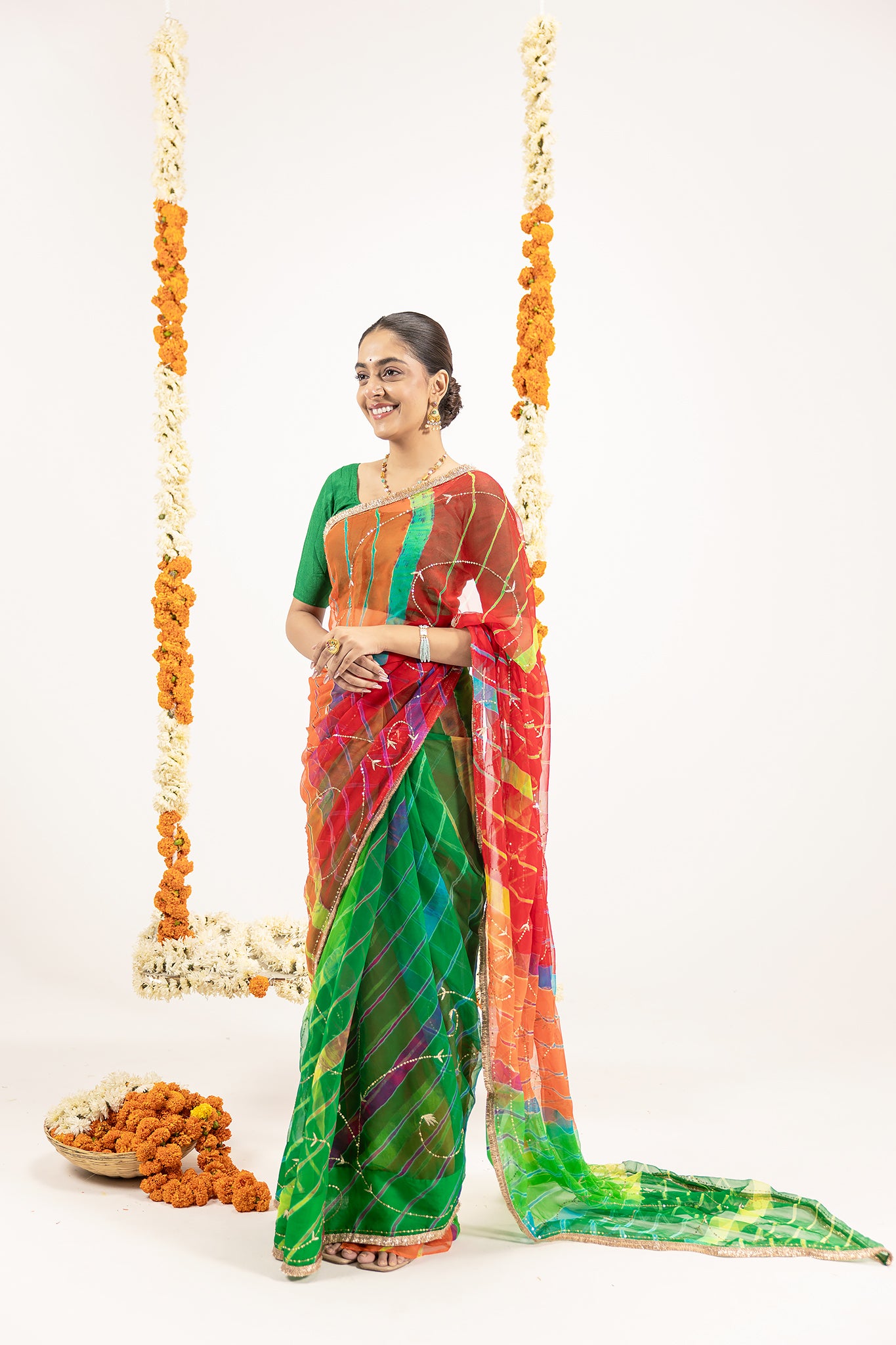 Pure Georgette 20 Gsm Multi Leheriya Aari Sequins Jaal Work Saree