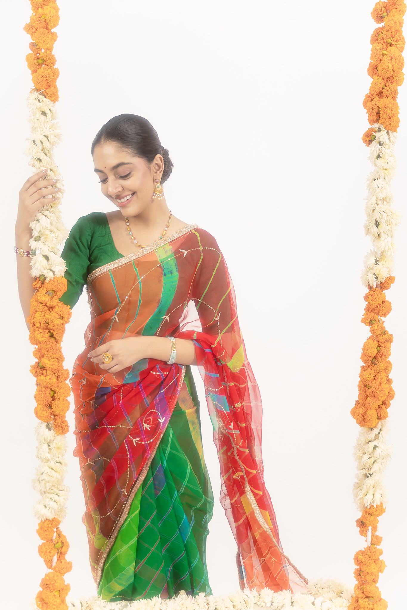 Pure Georgette 20 Gsm Multi Leheriya Aari Sequins Jaal Work Saree