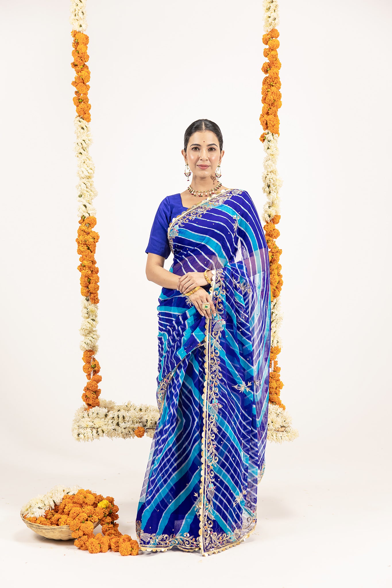 Pure Georgette 20 Gsm Blue Leheriya Aari Sequins Border Butti Work Saree