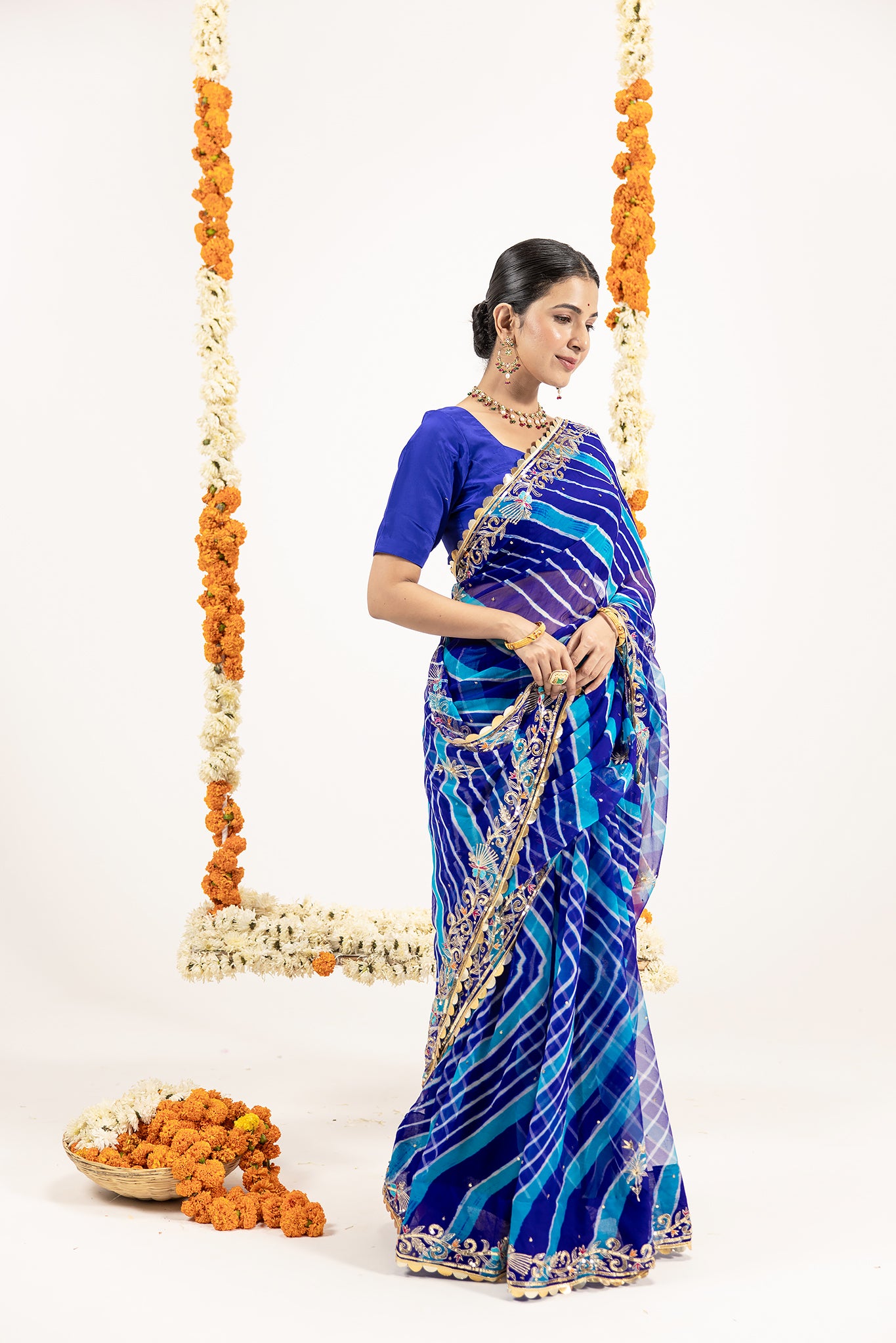 Pure Georgette 20 Gsm Blue Leheriya Aari Sequins Border Butti Work Saree