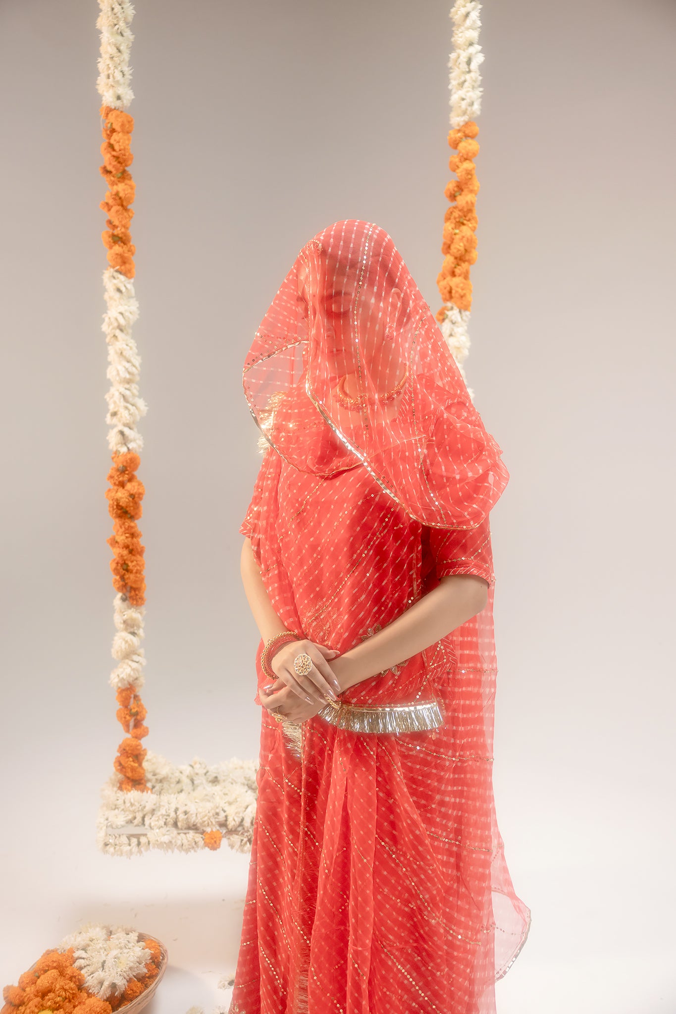 Georgette Orange 20 Gsm Leheriya Mothda Aari Sequins Jaal Work Poshak