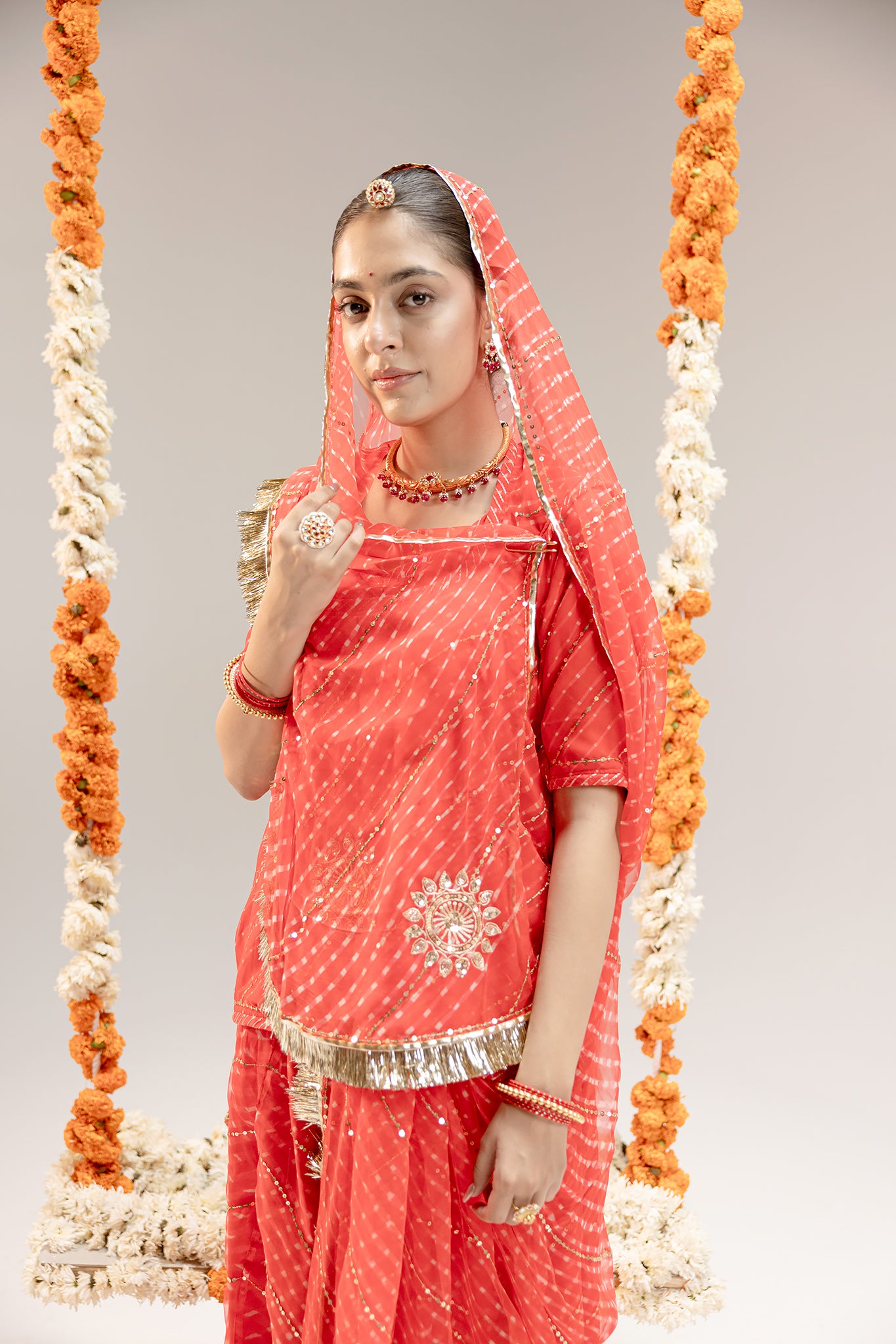 Georgette Orange 20 Gsm Leheriya Mothda Aari Sequins Jaal Work Poshak