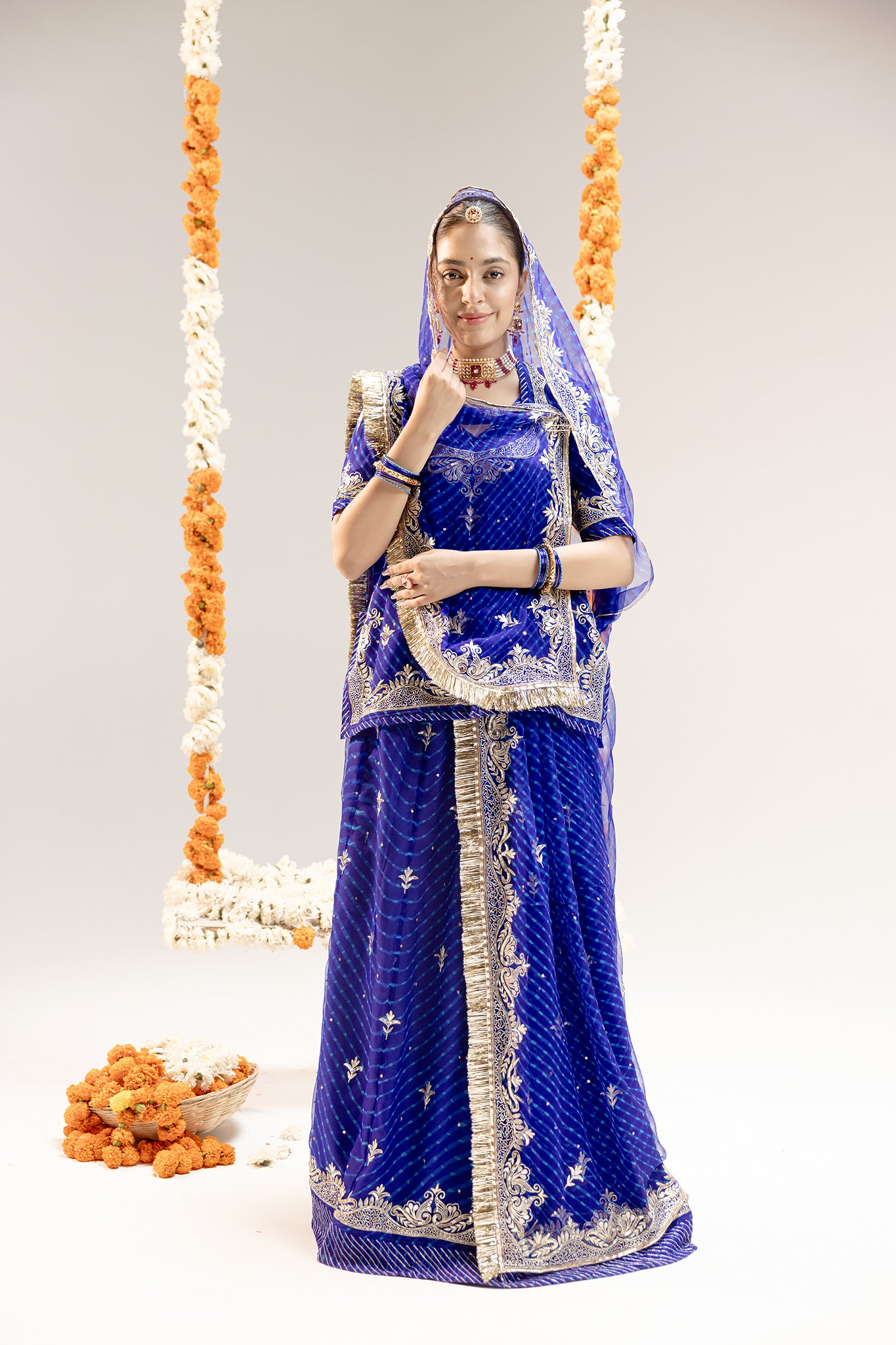 Pure Georgette 20 Gsm Blue Leheriya Mothda Aari Sequins Border Butti Work Poshak