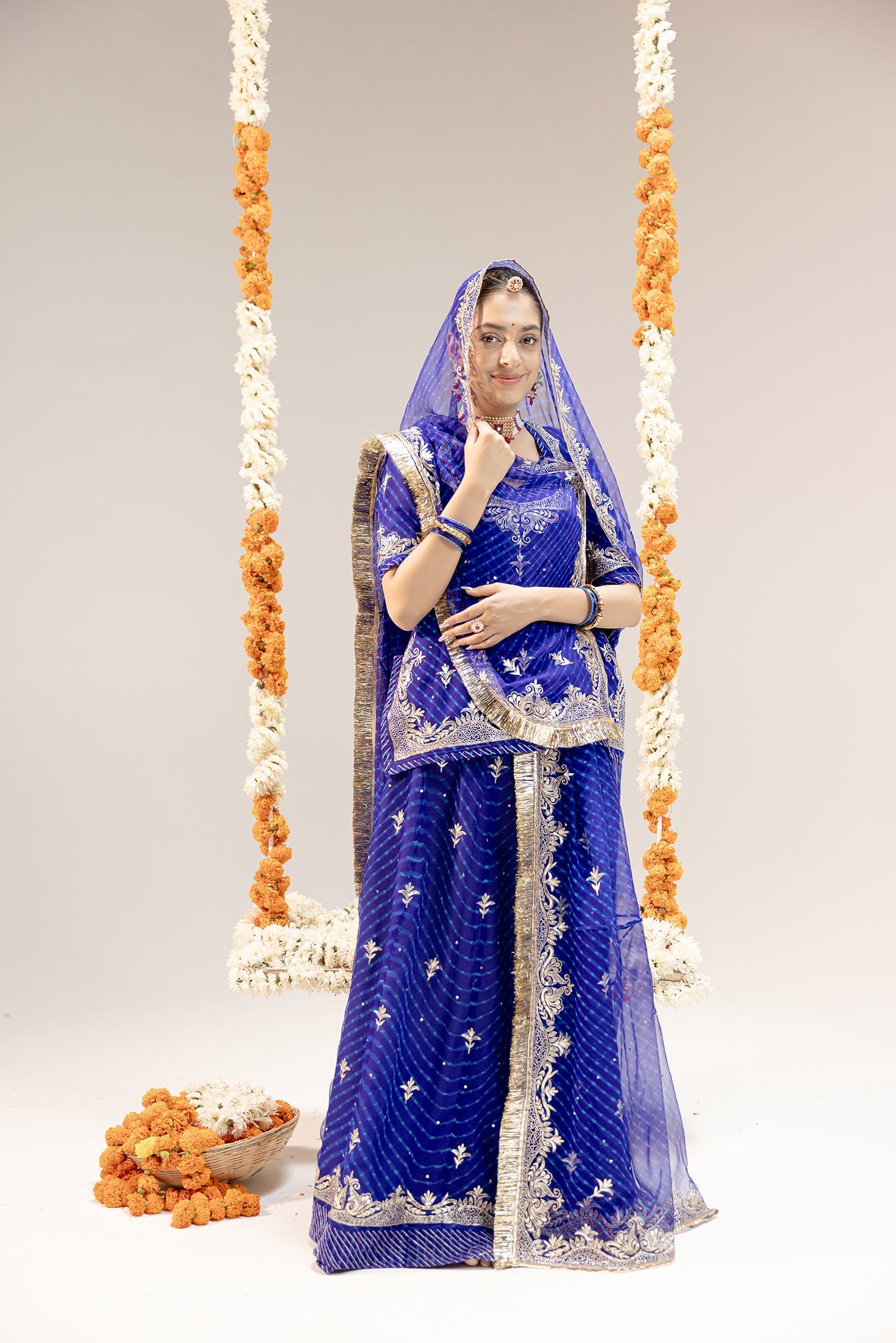 Pure Georgette 20 Gsm Blue Leheriya Mothda Aari Sequins Border Butti Work Poshak