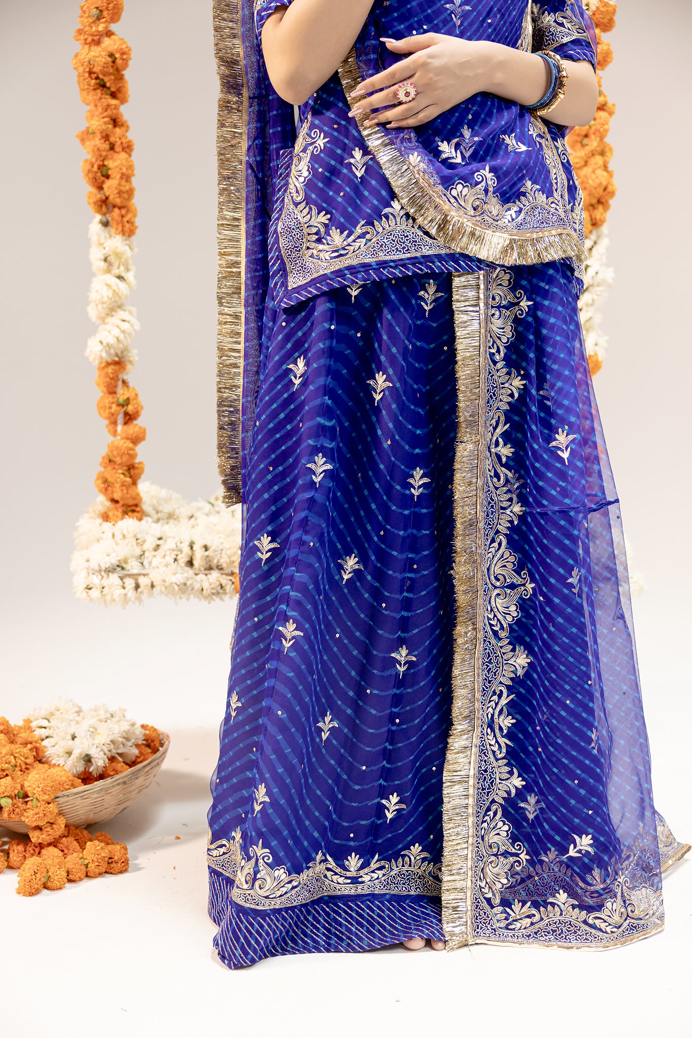 Pure Georgette 20 Gsm Blue Leheriya Mothda Aari Sequins Border Butti Work Poshak