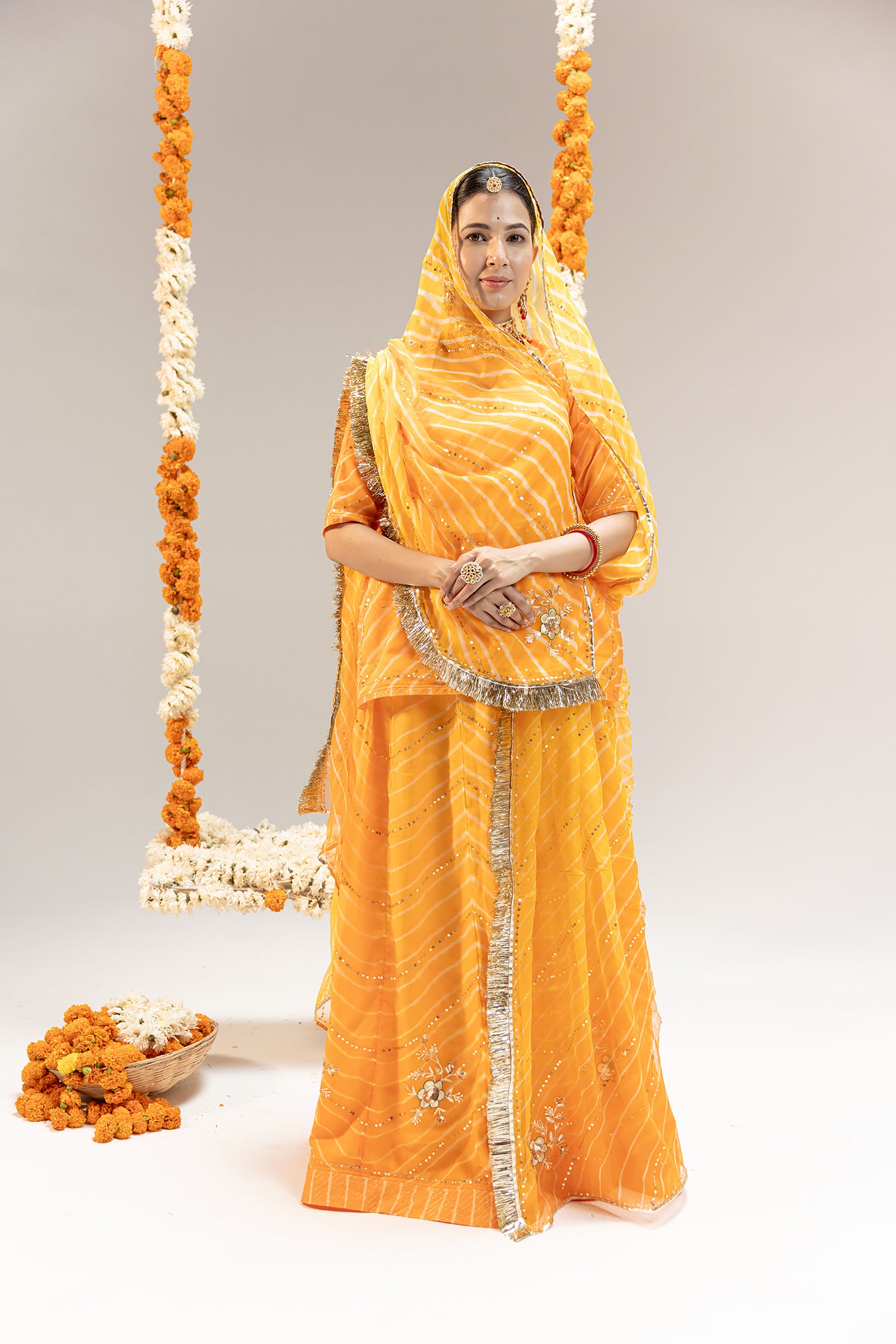 Pure Georgette 20 Gsm Yellow Leheriya Aari Sequins Jaal Work Poshak
