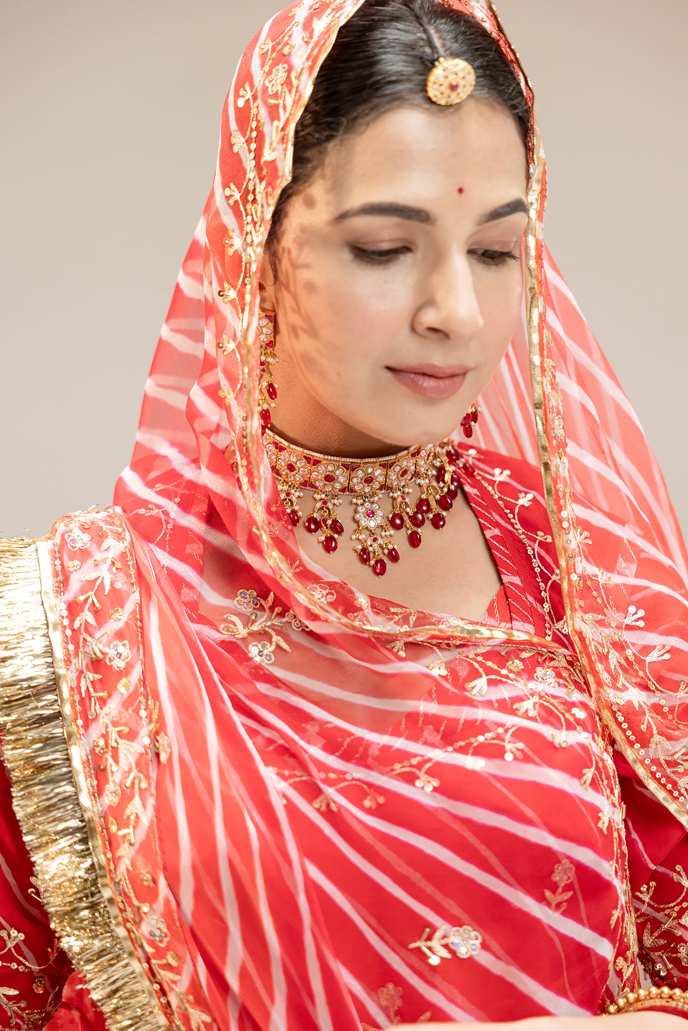 Pure Georgette 20 Gsm Red Leheriya Aari Sequins Kardana Border Booti Work Poshak