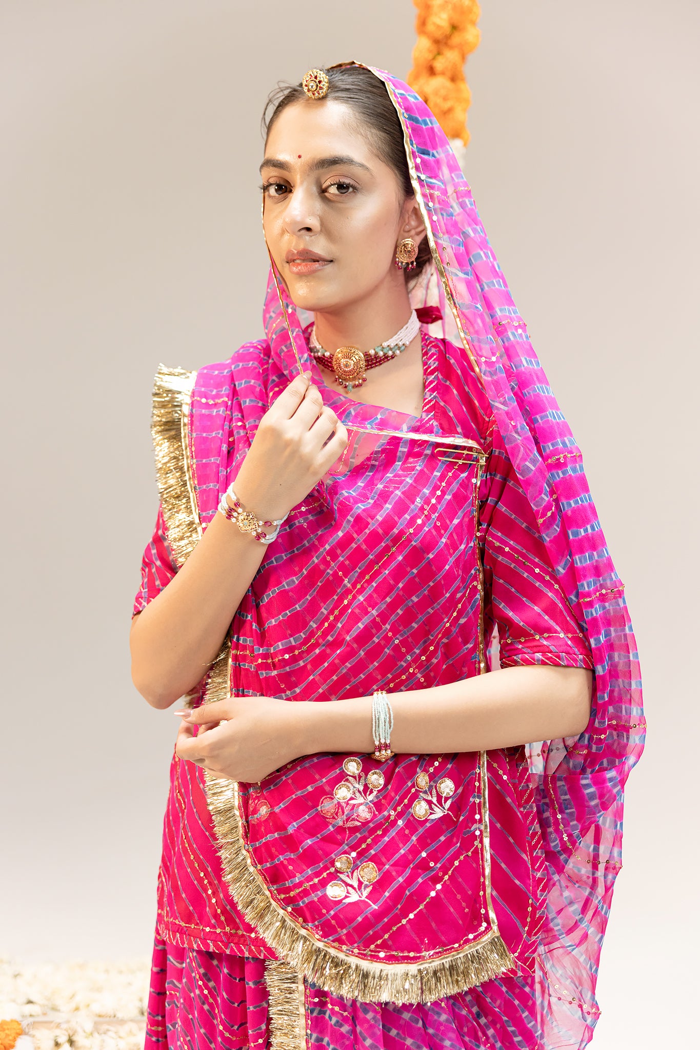 Pure Georgette 20 Gsm Rani Leheriya Mothda Aari Sequins Jaal Work Poshak