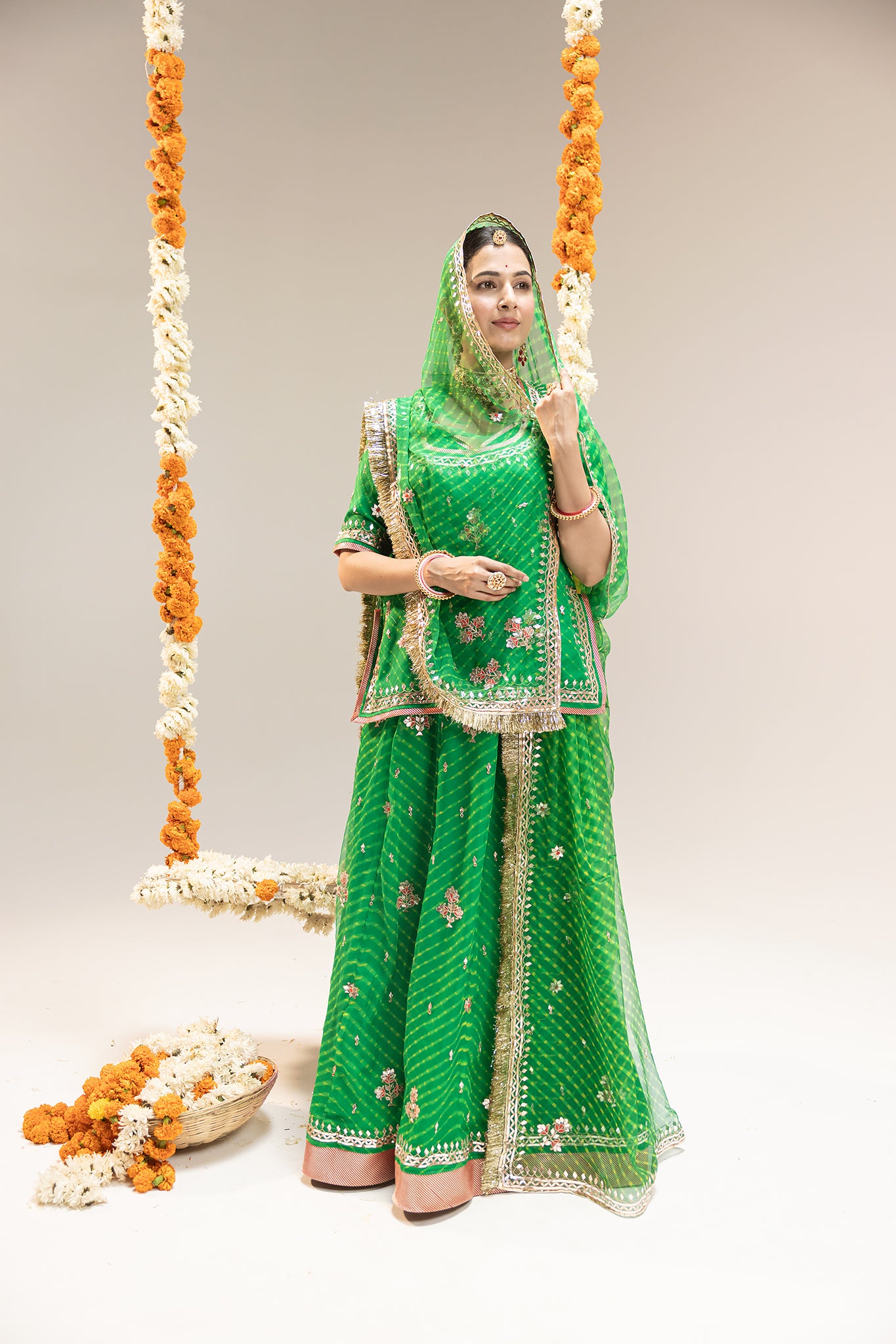 Pure Georgette 20 Gsm Green Leheriya Mothda Gota Paati Border Butti Work Poshak