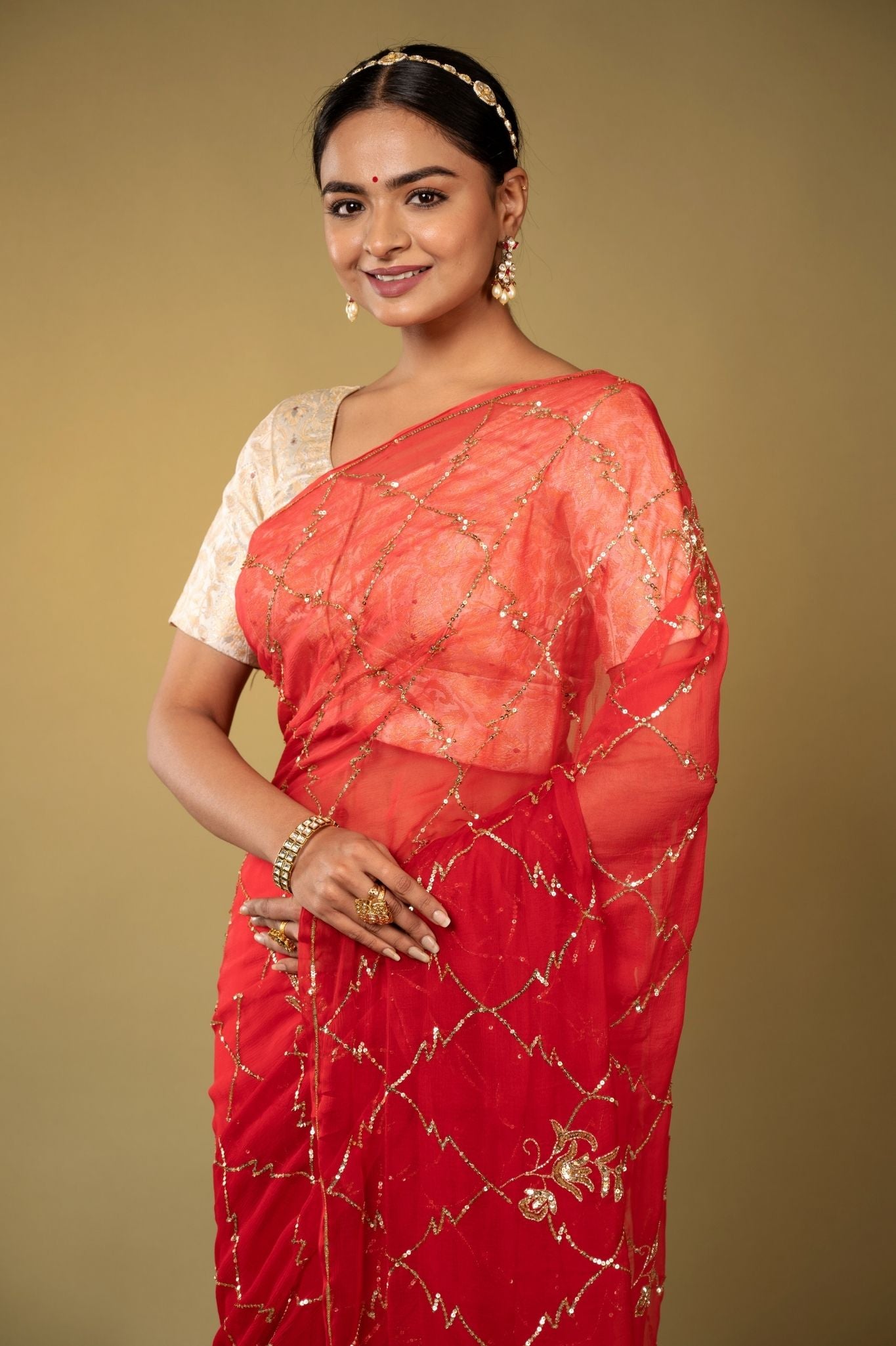 Red Viscose Chiffon aari sequins jaal handwork party wear saree