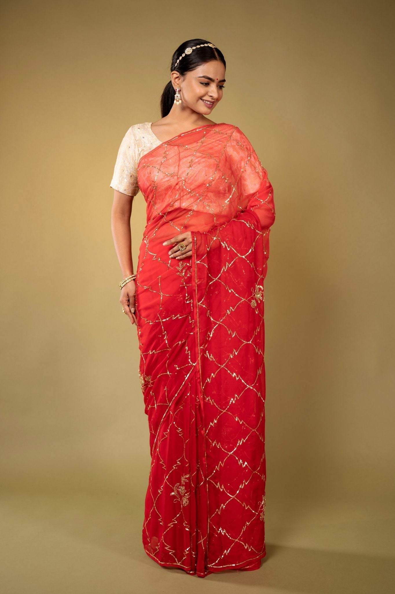 Red Viscose Chiffon aari sequins jaal handwork party wear saree