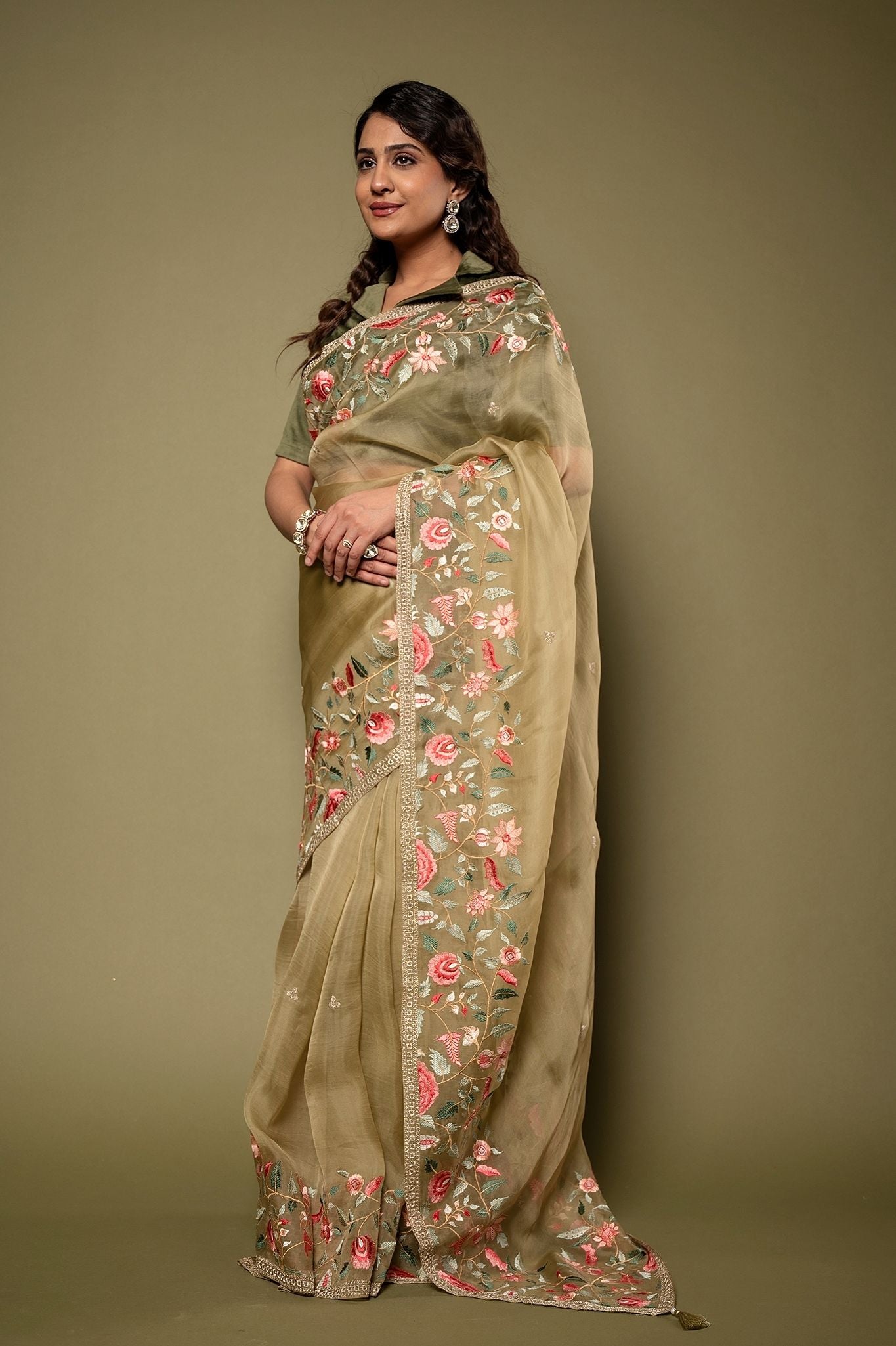 Beige Green Organza resham border butti handwork saree