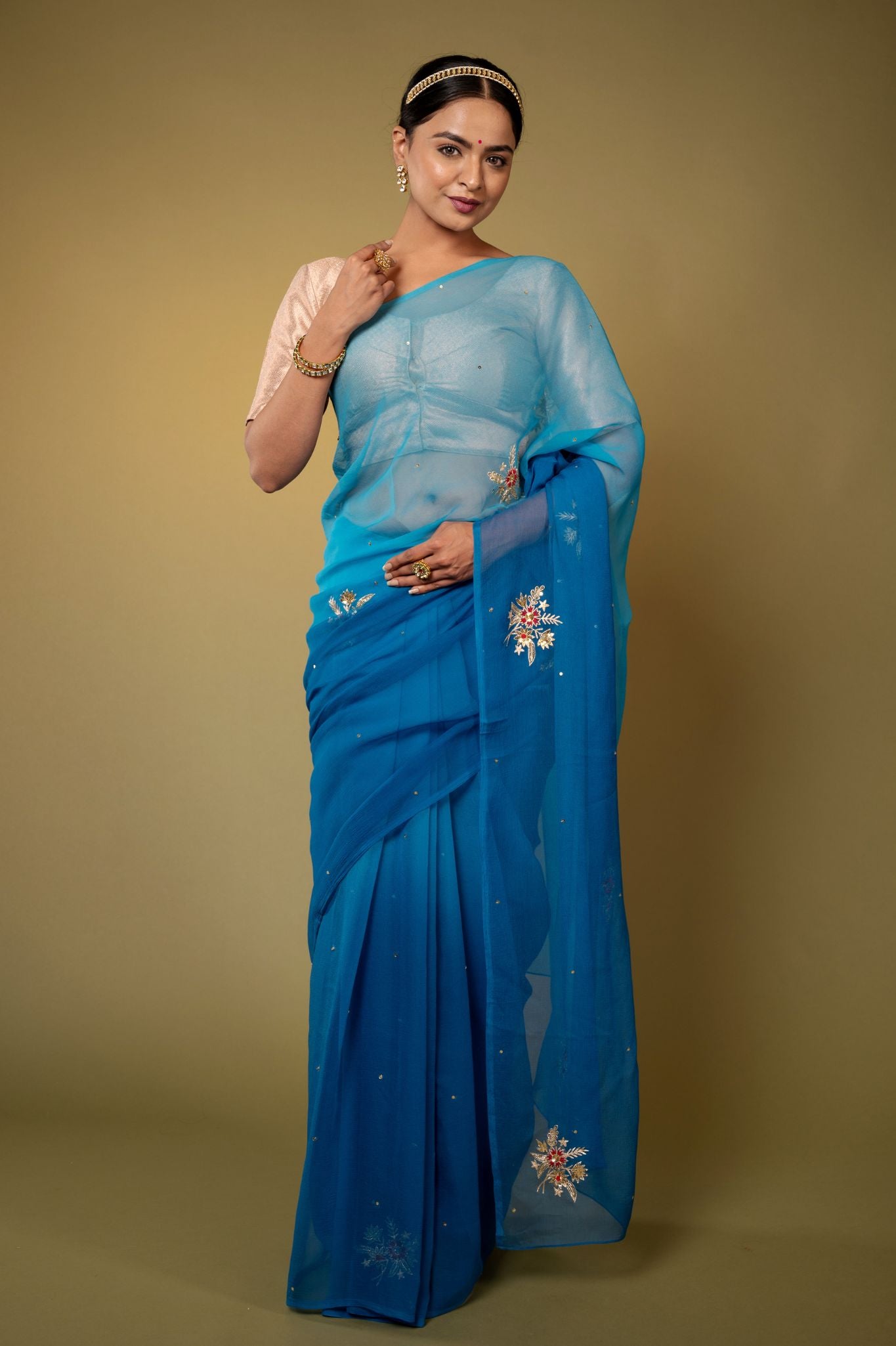 Turquoise viscose chiffon aari sequins handwork casual wear saree
