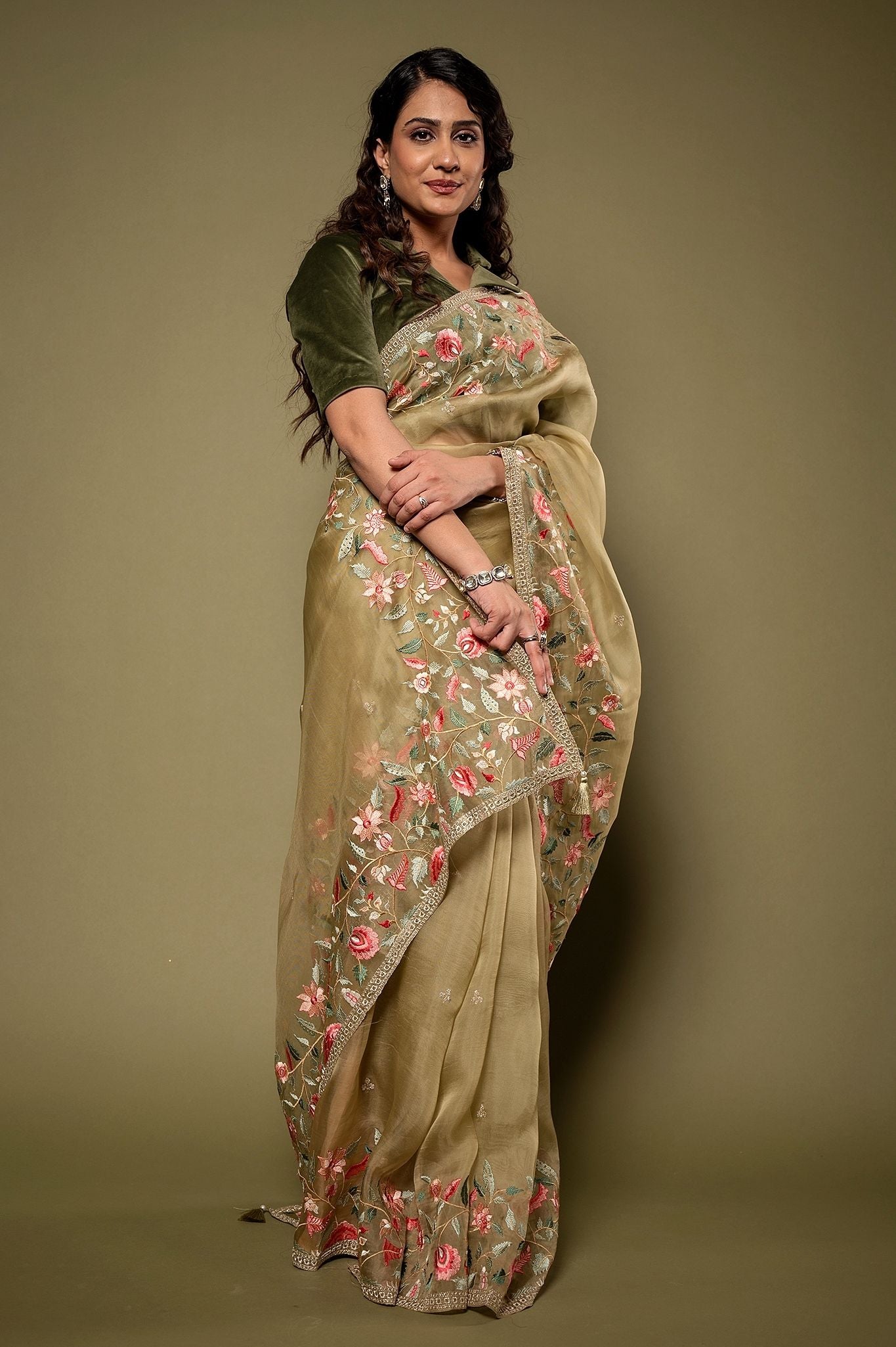 Beige Green Organza resham border butti handwork saree