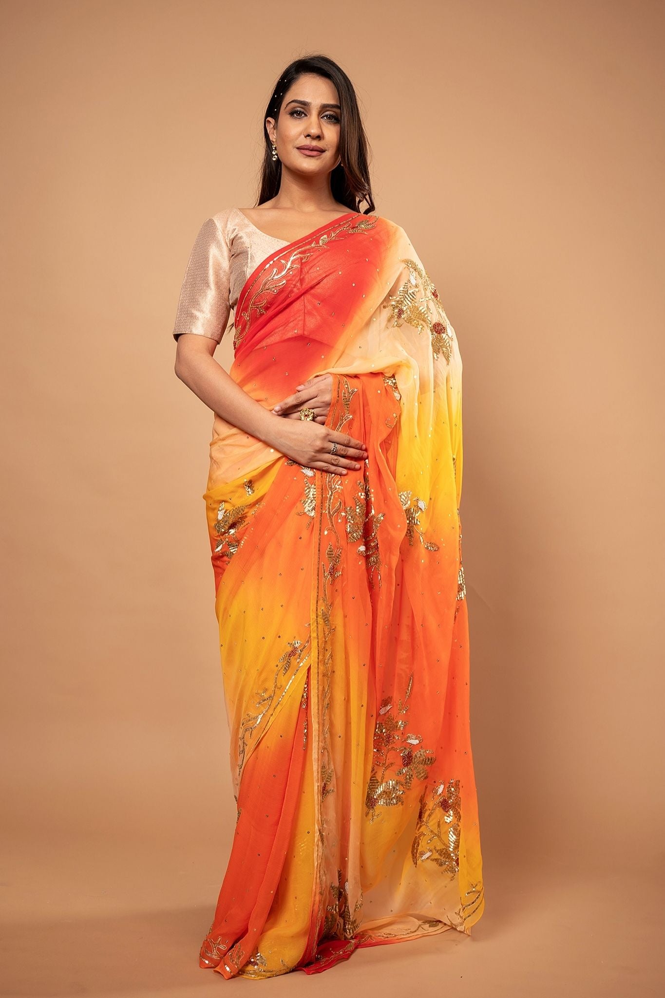 Yellow orange Pure Chiffon Aari sequins Motif handwork saree