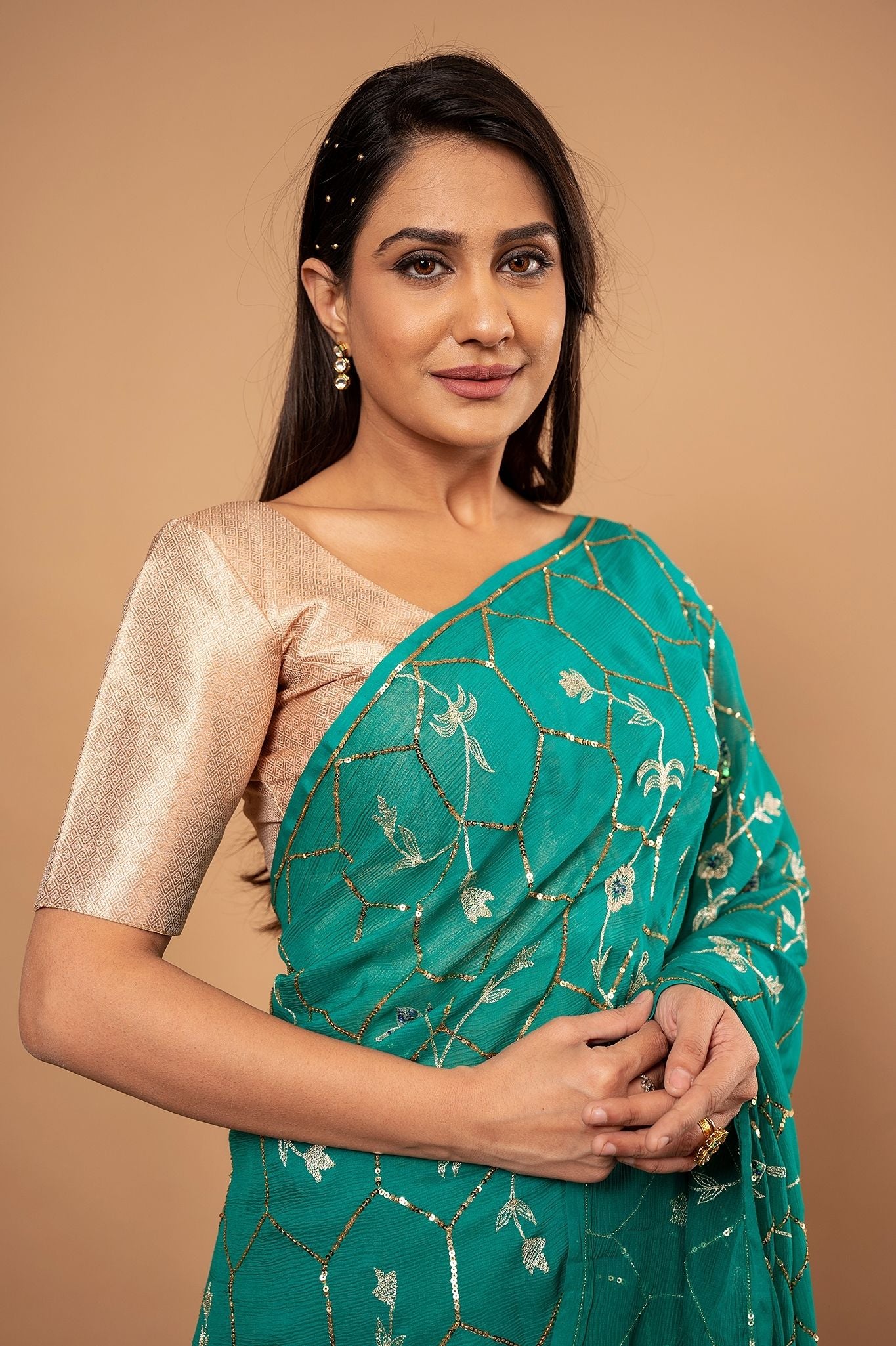 rama green Pure Chiffon aari sequins jaal handwork saree