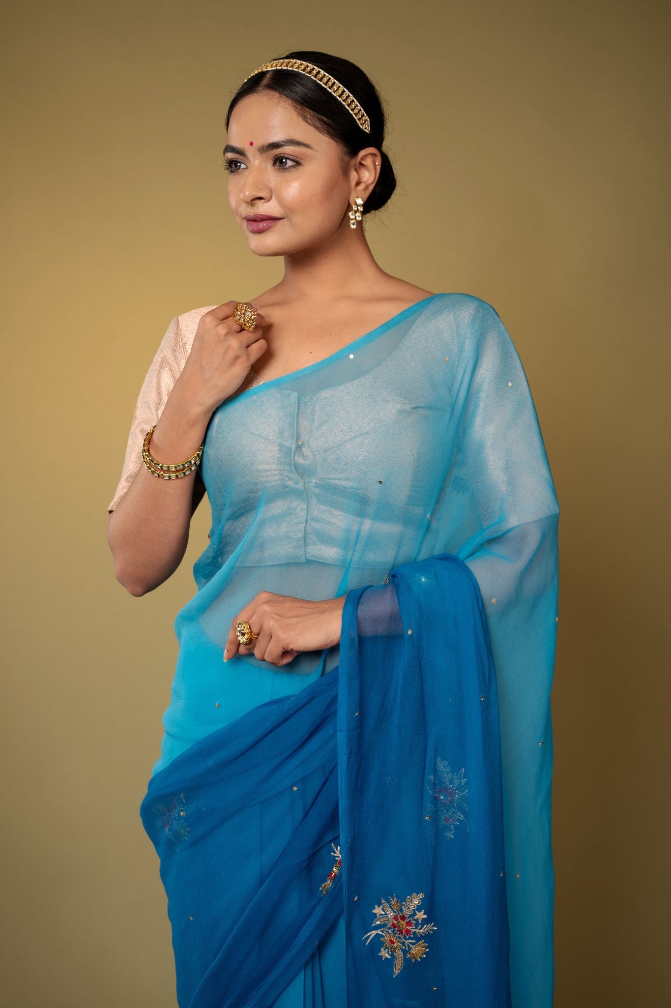 Turquoise viscose chiffon aari sequins handwork casual wear saree