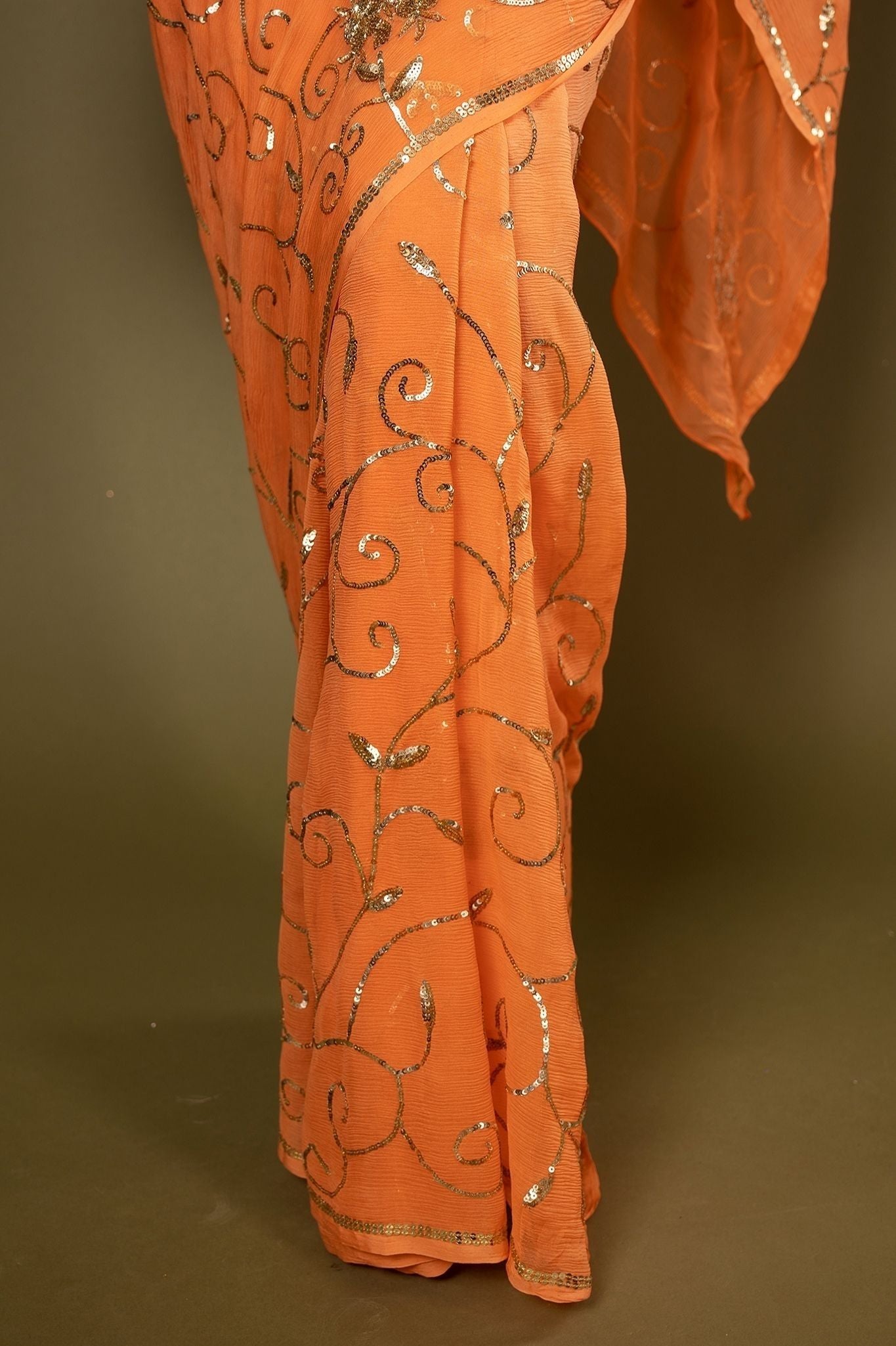 Orange Pure Chiffon aari sequins jaal handwork saree