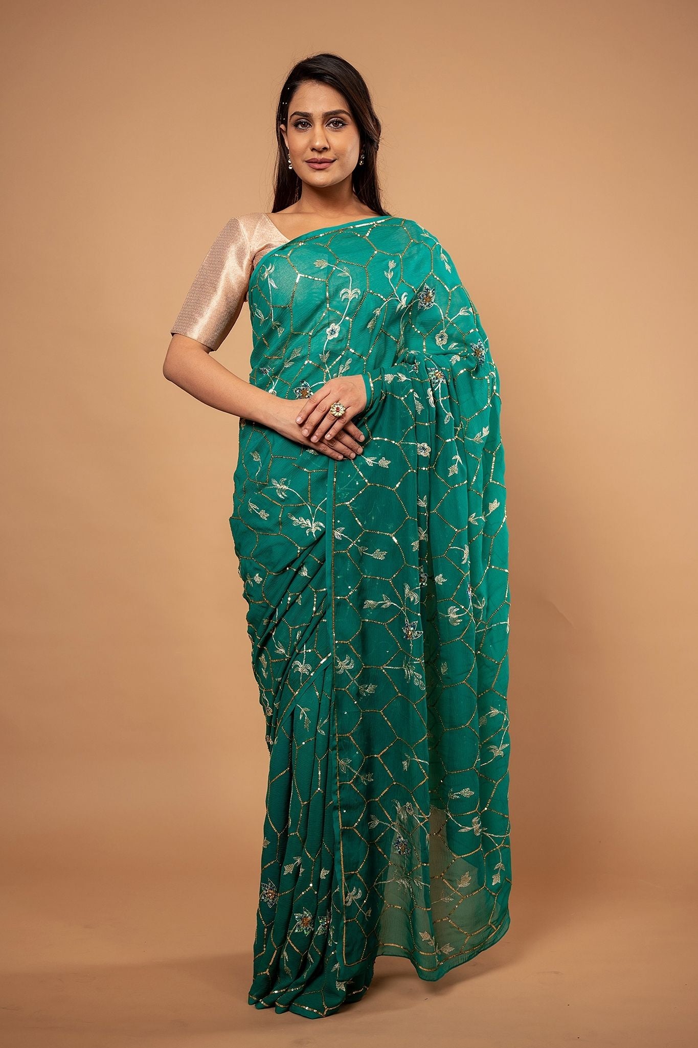 rama green Pure Chiffon aari sequins jaal handwork saree