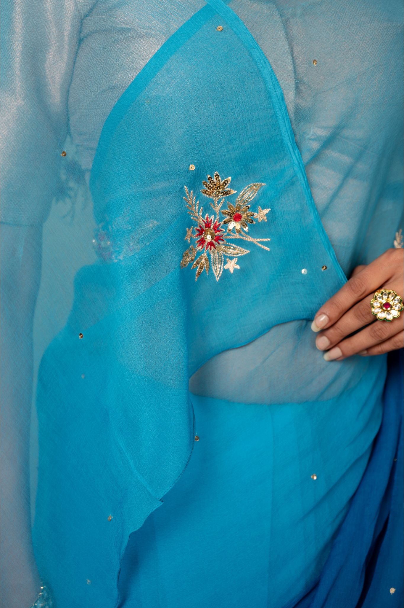 Turquoise viscose chiffon aari sequins handwork casual wear saree