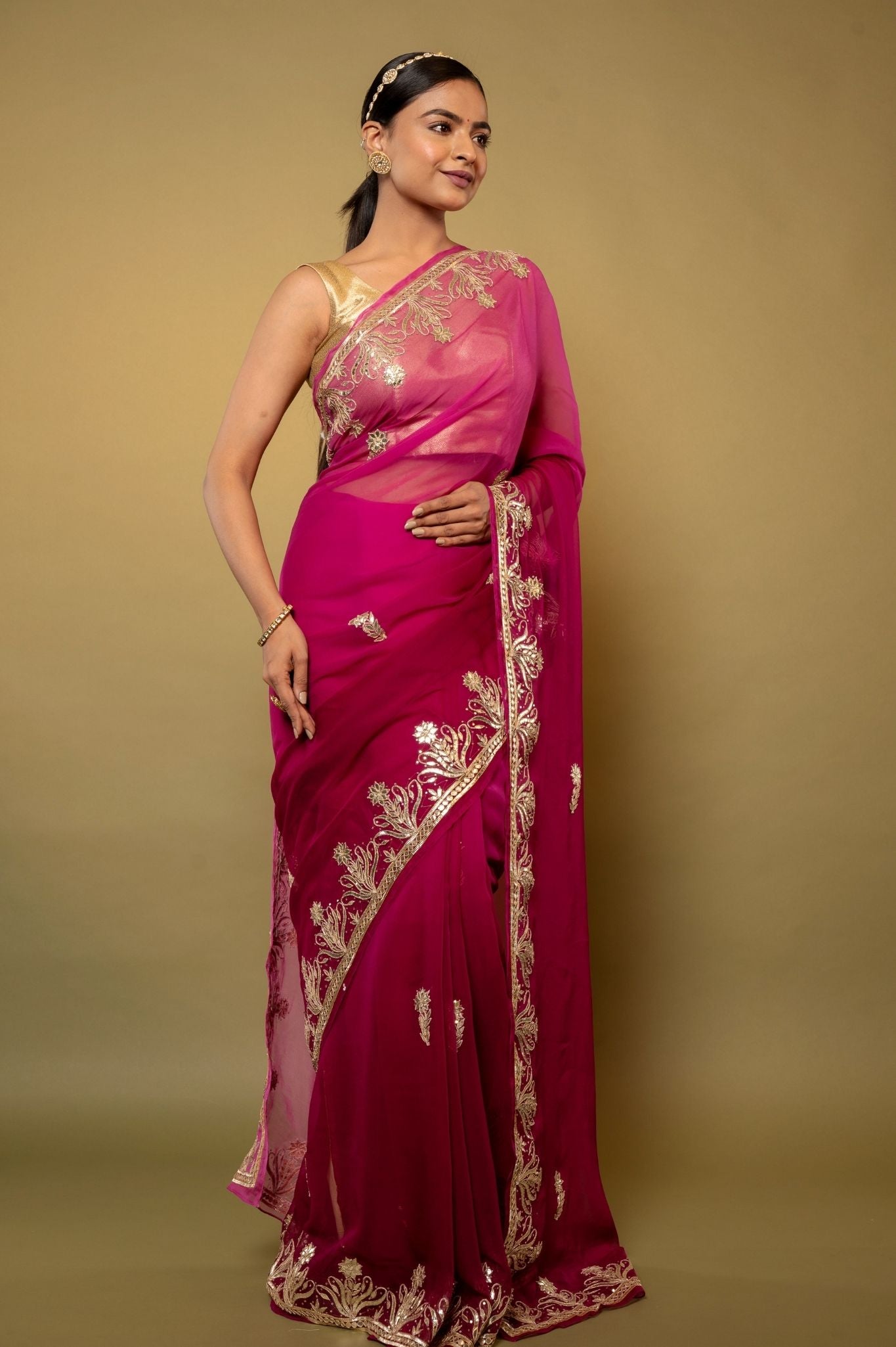 magenta Viscose Chiffon gota pati border butti handwork party wear saree