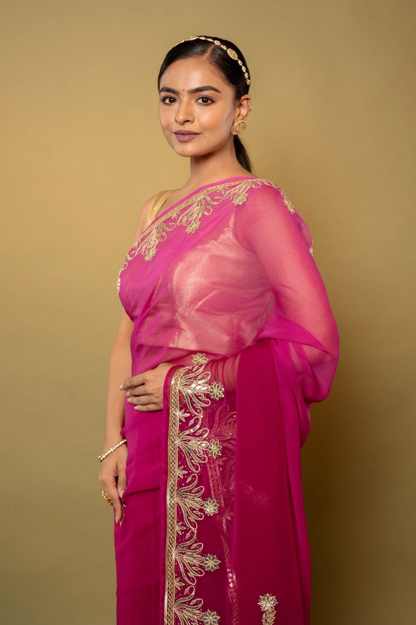 magenta Viscose Chiffon gota pati border butti handwork party wear saree